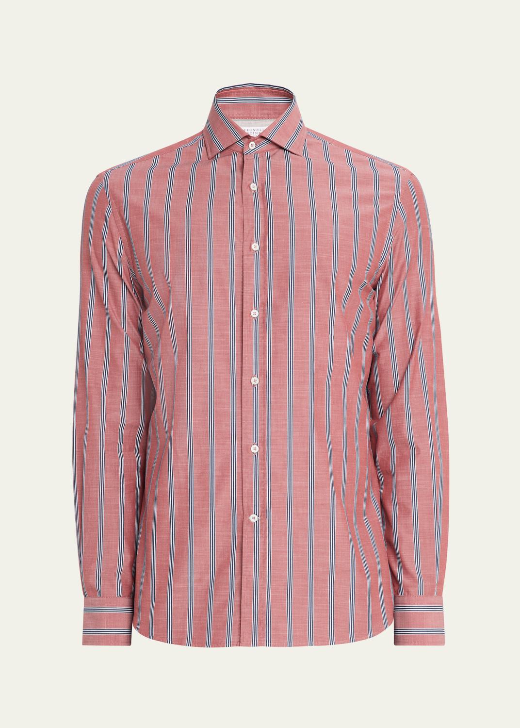 Brunello Cucinelli Men's Narrow Striped Long-Sleeve Shirt