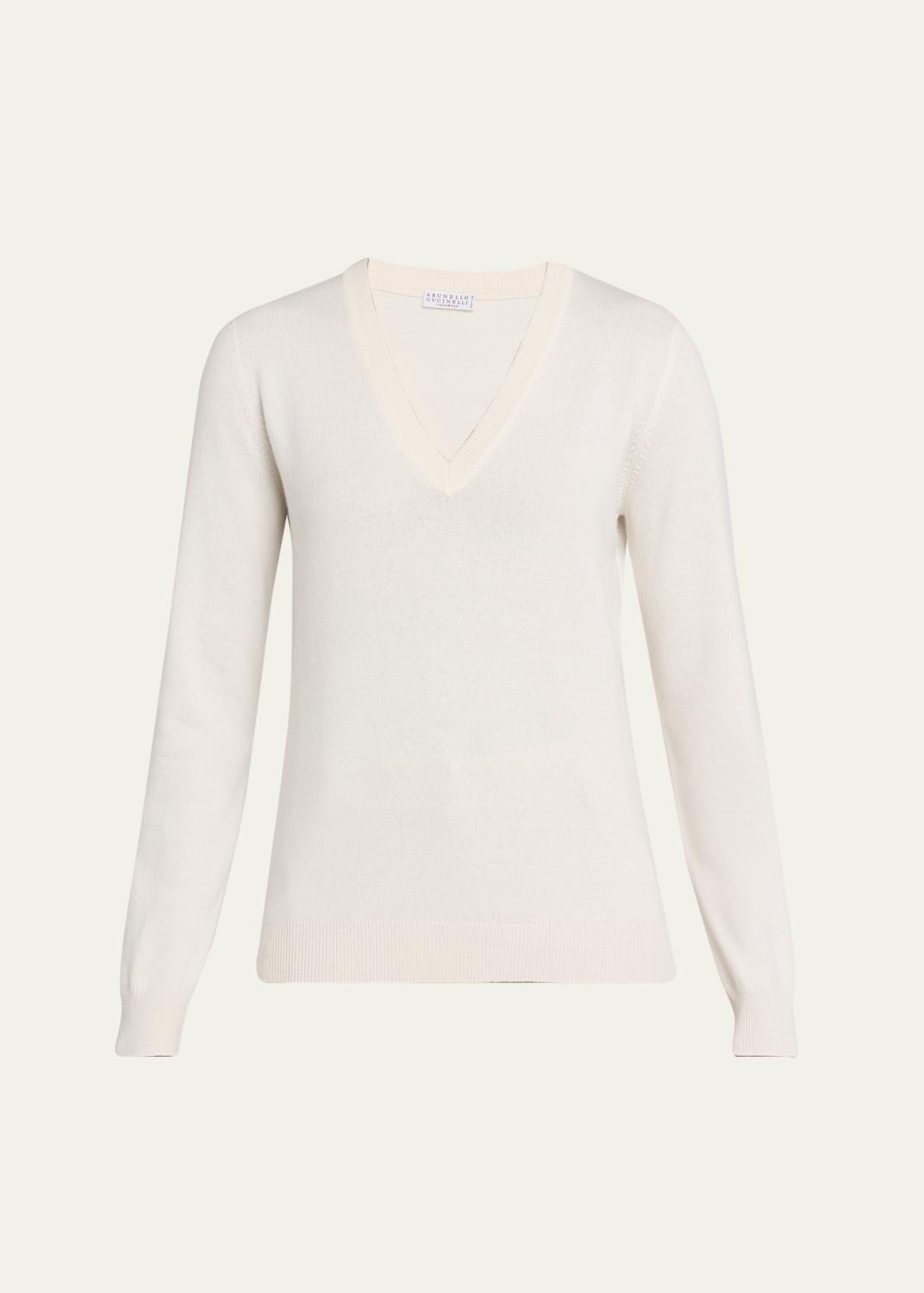 Brunello Cucinelli Sparkling Striped Cotton Net Knit V-Neck