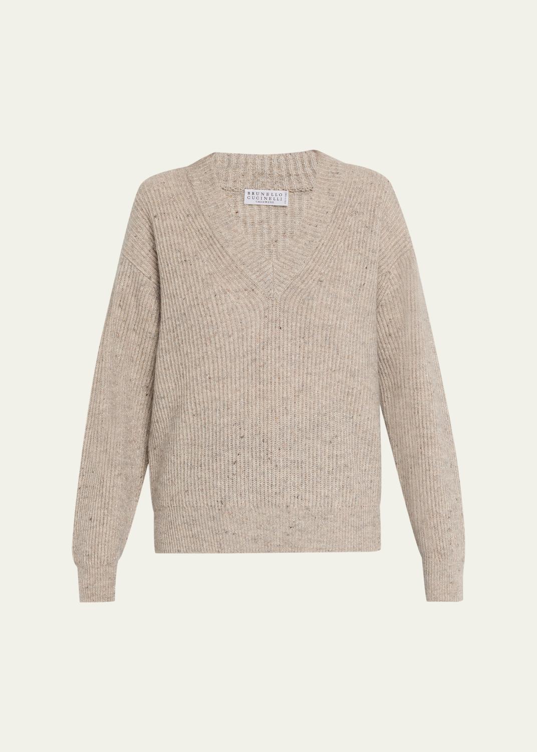 Brunello Cucinelli Sparkling Striped Cotton Net Knit V-Neck