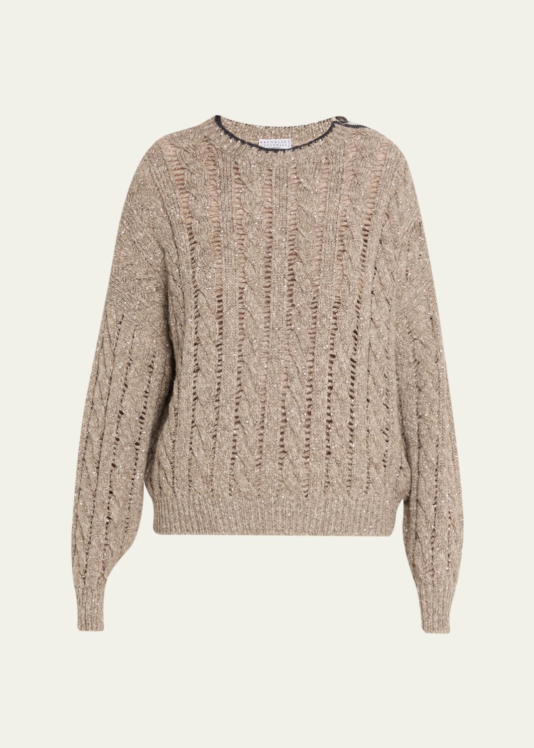 Brunello Cucinelli Openwork Braided Paillette Linen V-Neck Sweater