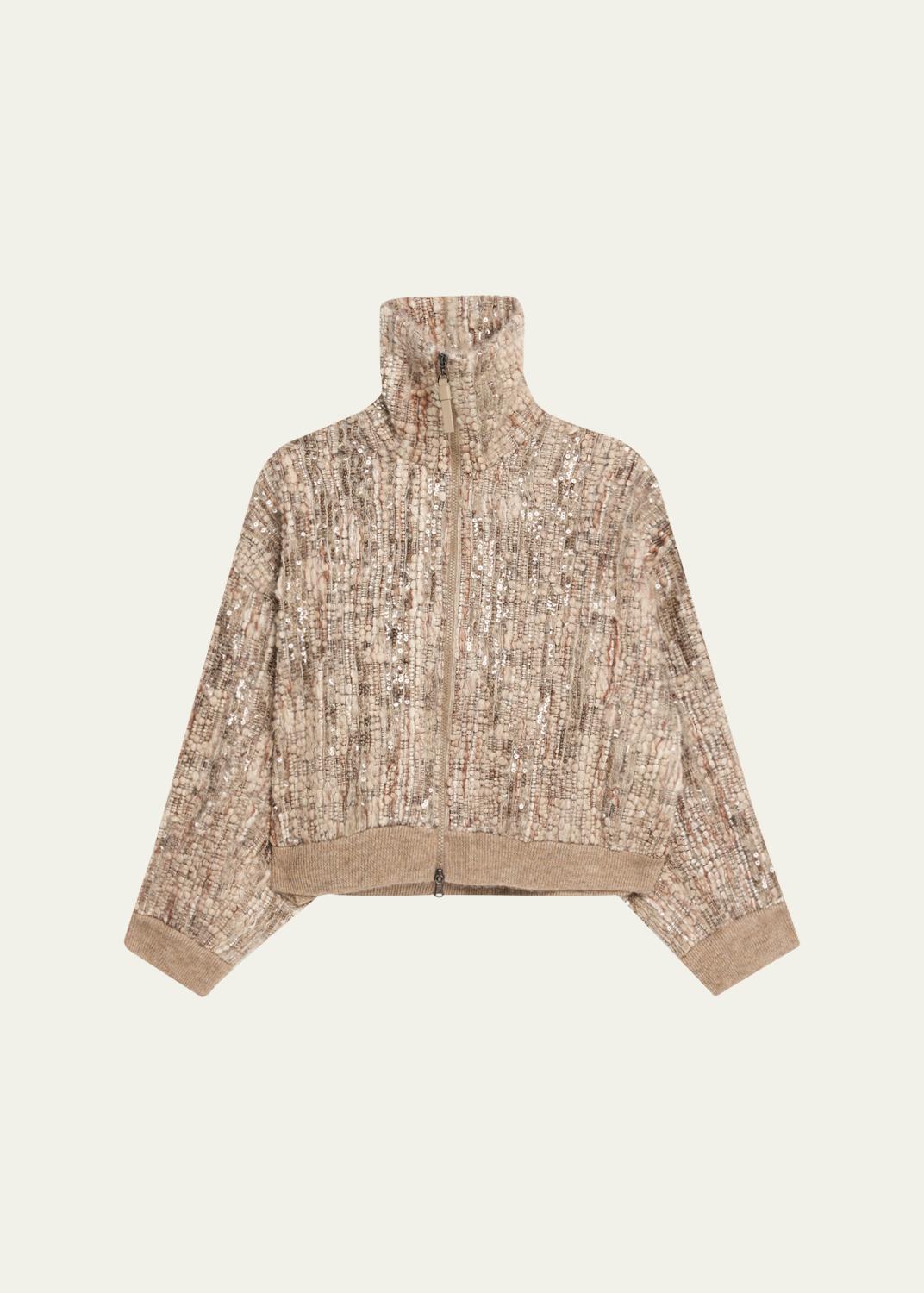 Brunello Cucinelli Paillette Linen Open-Knit Zip Cardigan