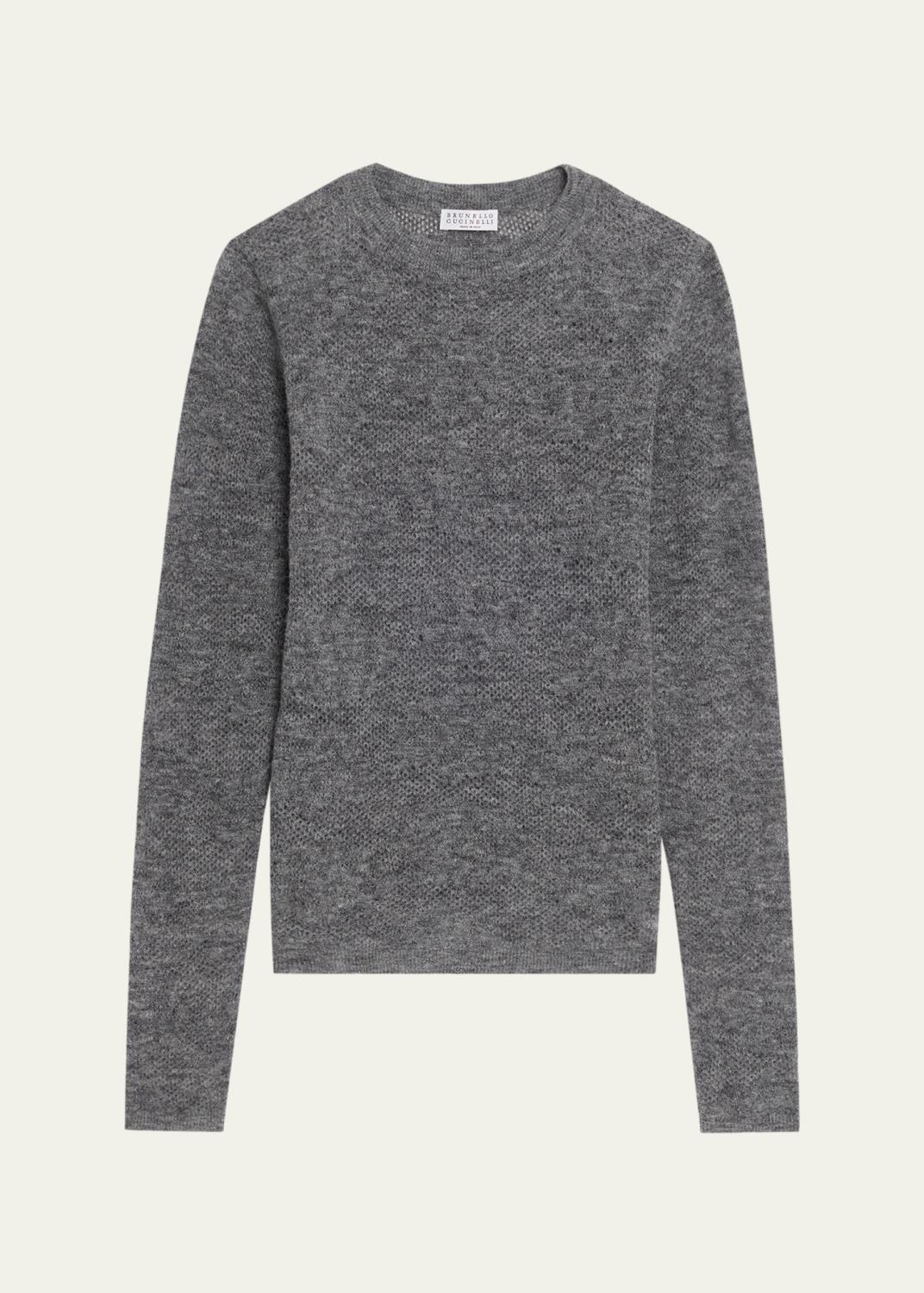 Brunello Cucinelli Sparkling Striped Cotton Net Knit V-Neck