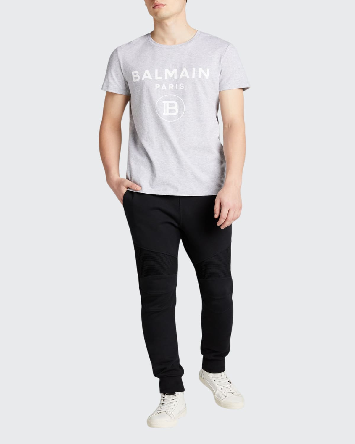 Balmain Men's Logo-print T-shirt In Grey/lt Pink
