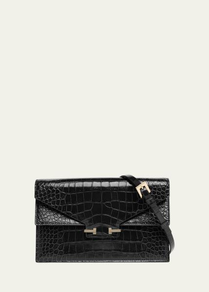 Small Croc-Embossed Leather T-Clasp Clutch Bag
