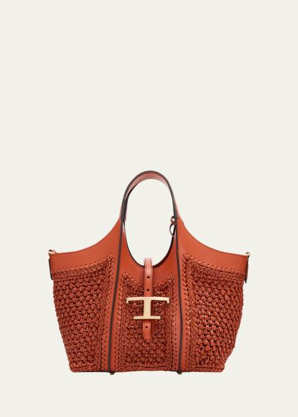 Small T Timeless Raffia & Leather Shopping Bag
