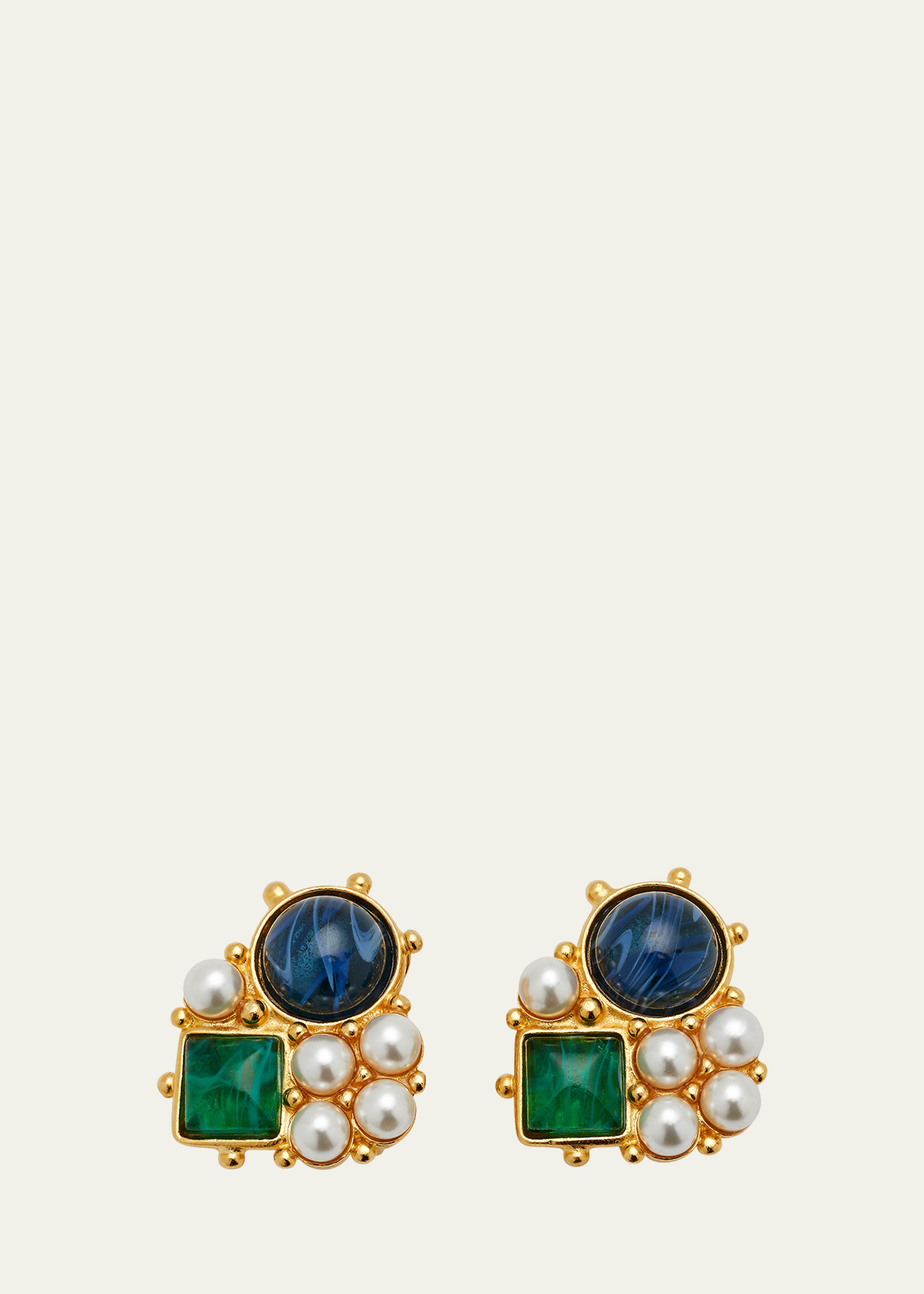 Gold Stone and Pearly Cluster Earrings