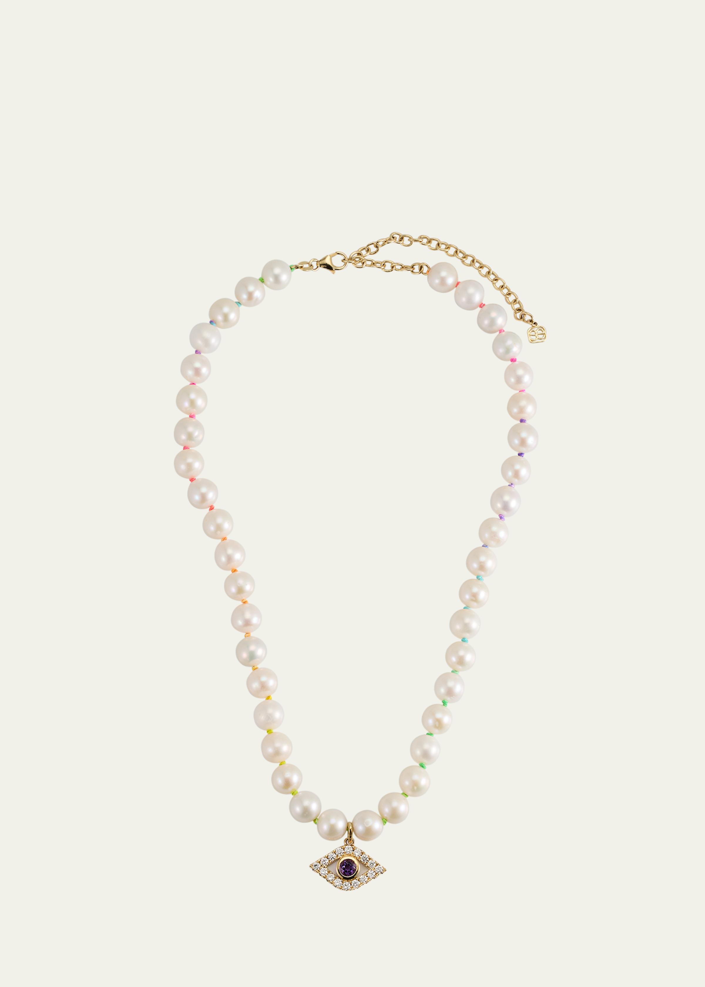 14K Gold Bezel Evil Eye Charm Freshwater Pearl Necklace