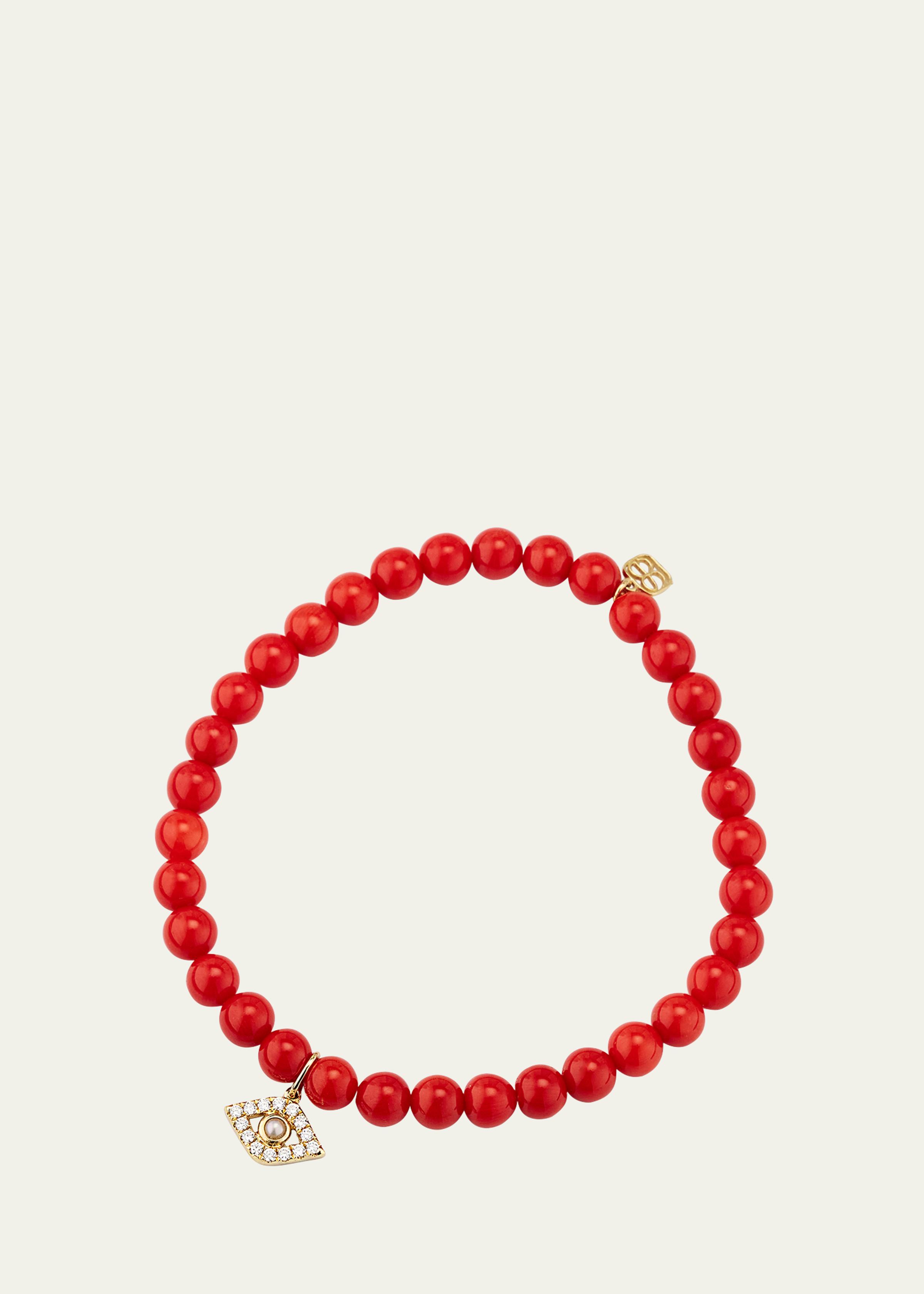 14K Large Evil Eye Charm on Peach Coral Bracelet