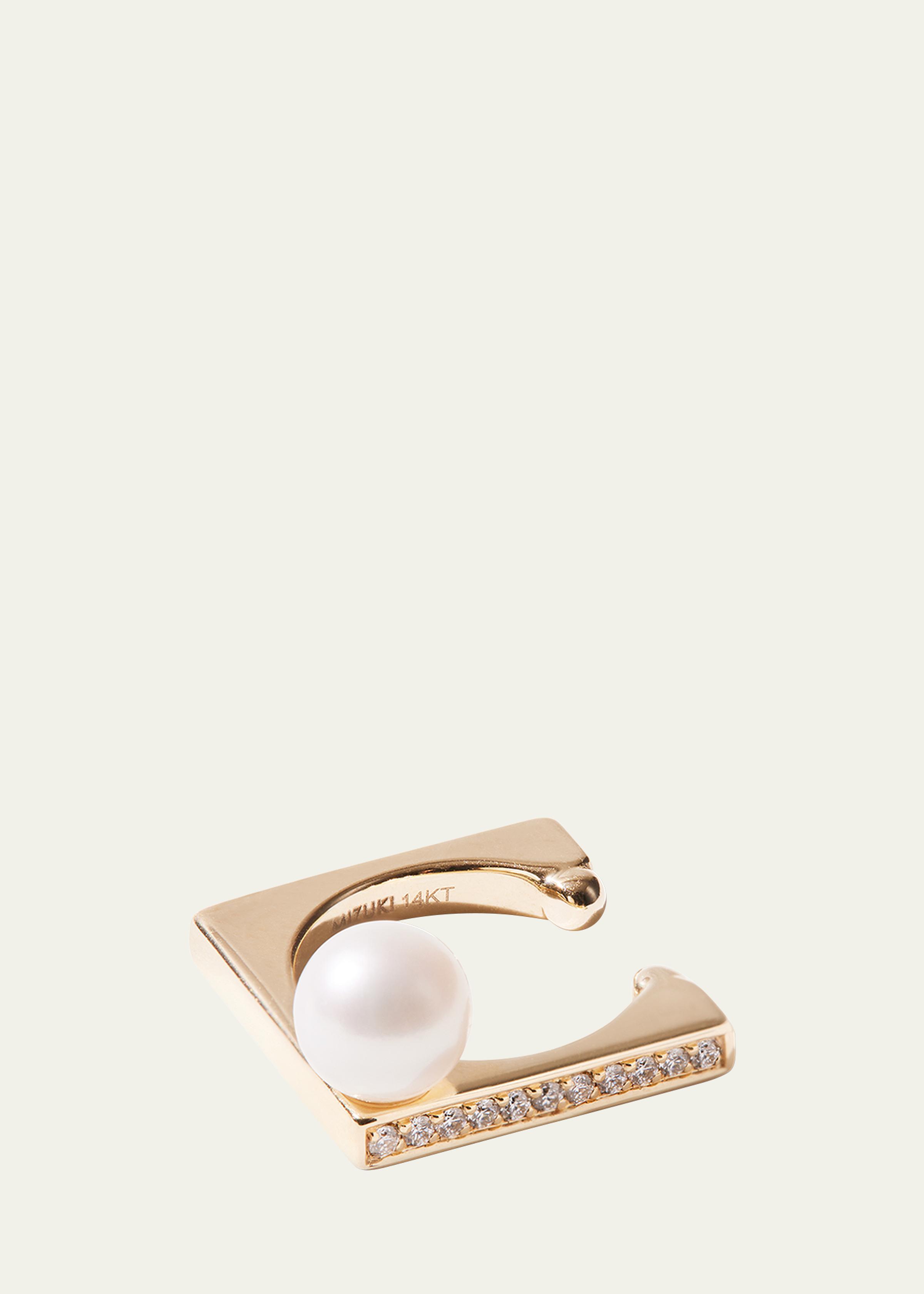 14K Yellow Gold 1 Row Diamond Cube Ear Cuff with Pearl, Single