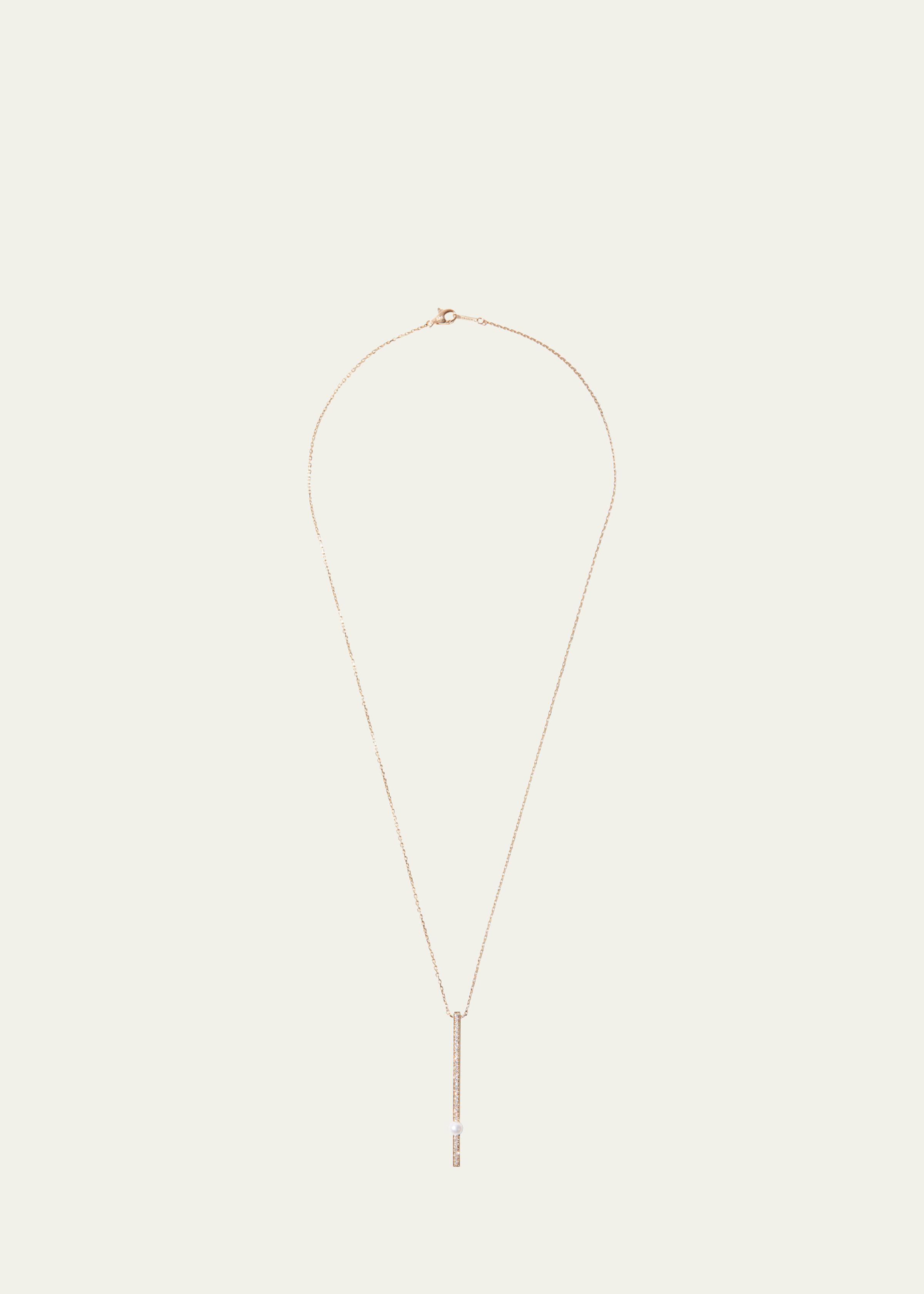 14K Yellow Gold Vertical Diamond Bar Necklace with Freshwater Pearl, 20"L