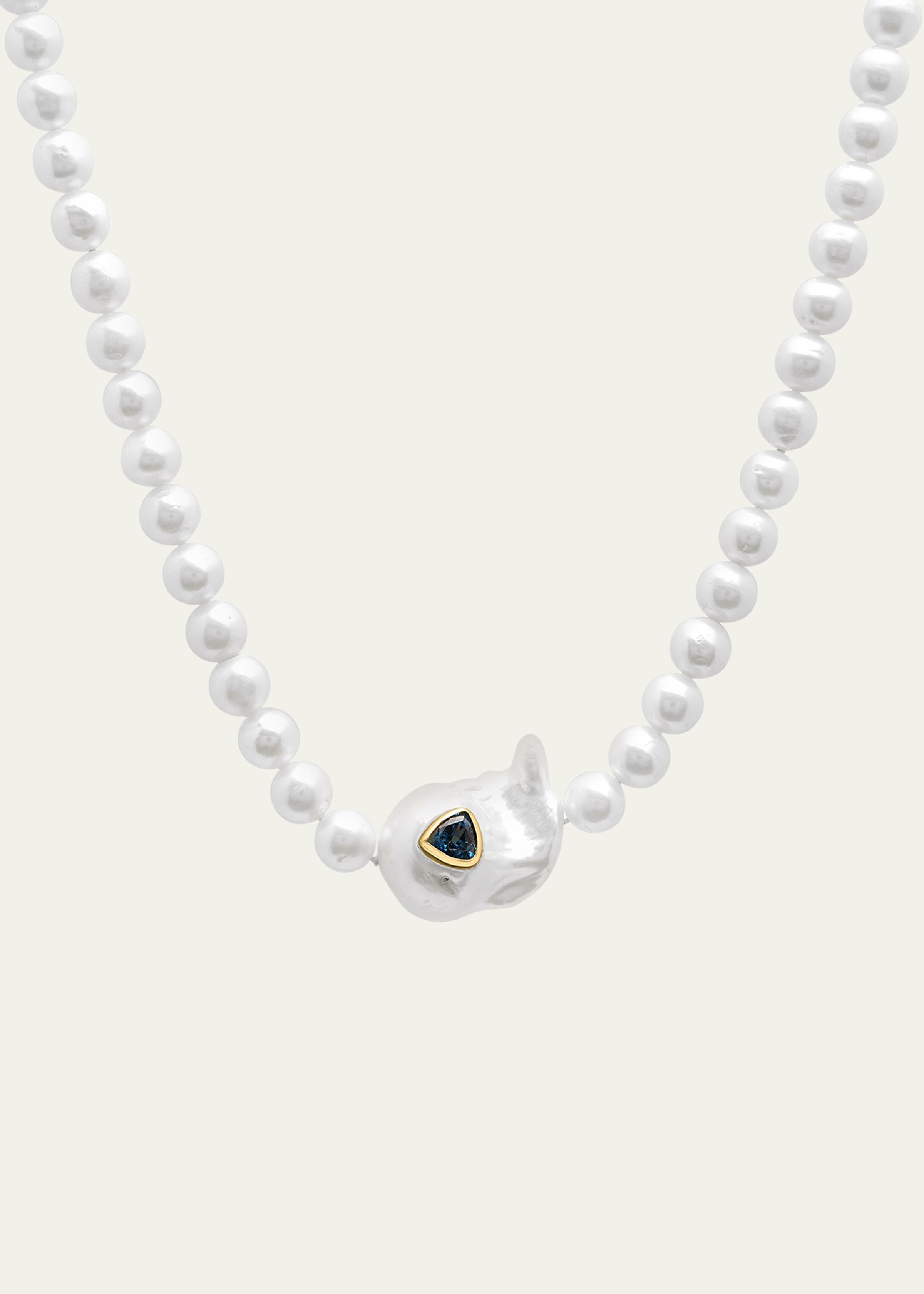 Sweet Tart Baroque Pearl Choker Necklace with Blue Topaz Trillion Inset