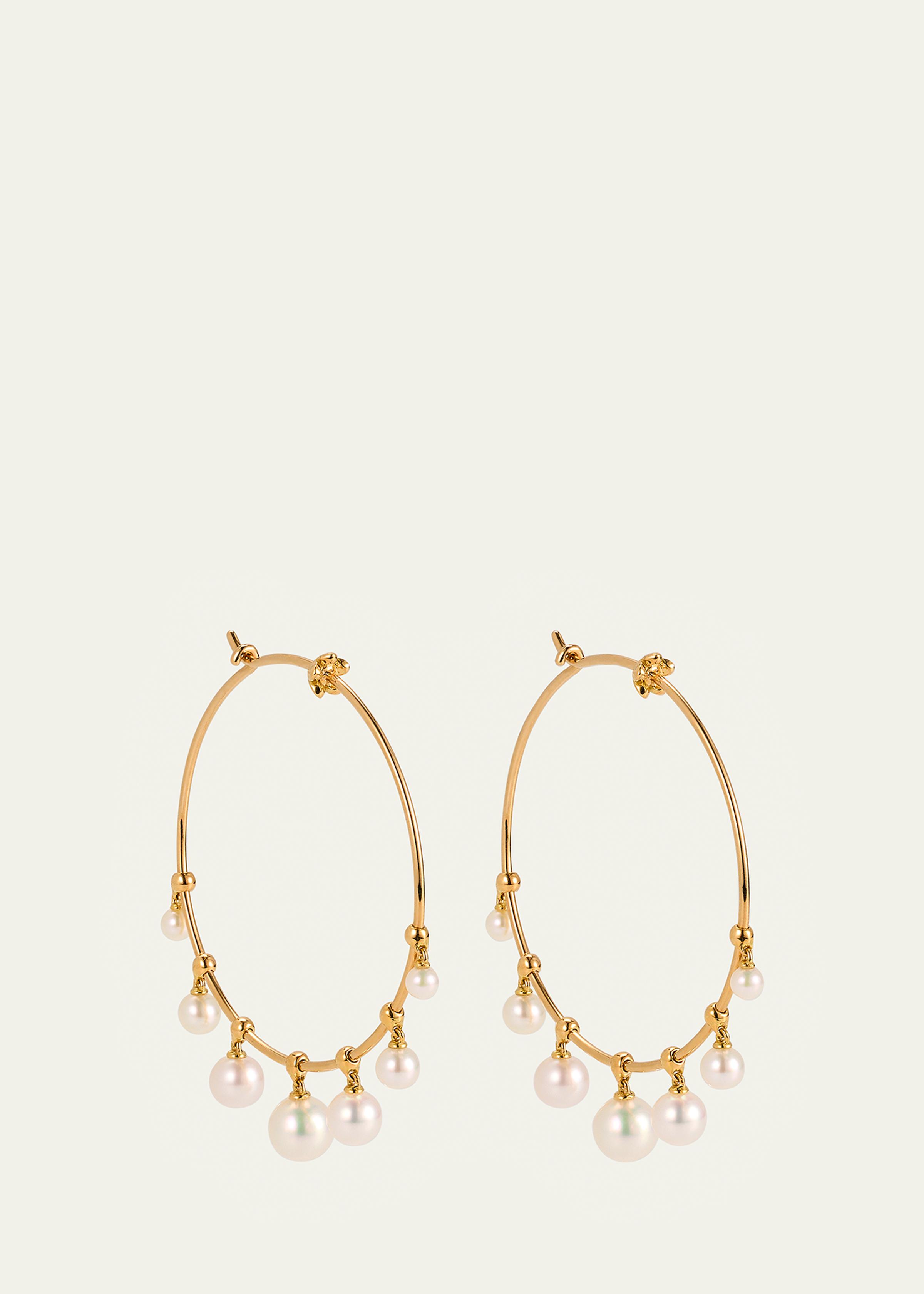 18K Yellow Gold Wind Chime Earrings with Akoya Pearls, 36mm
