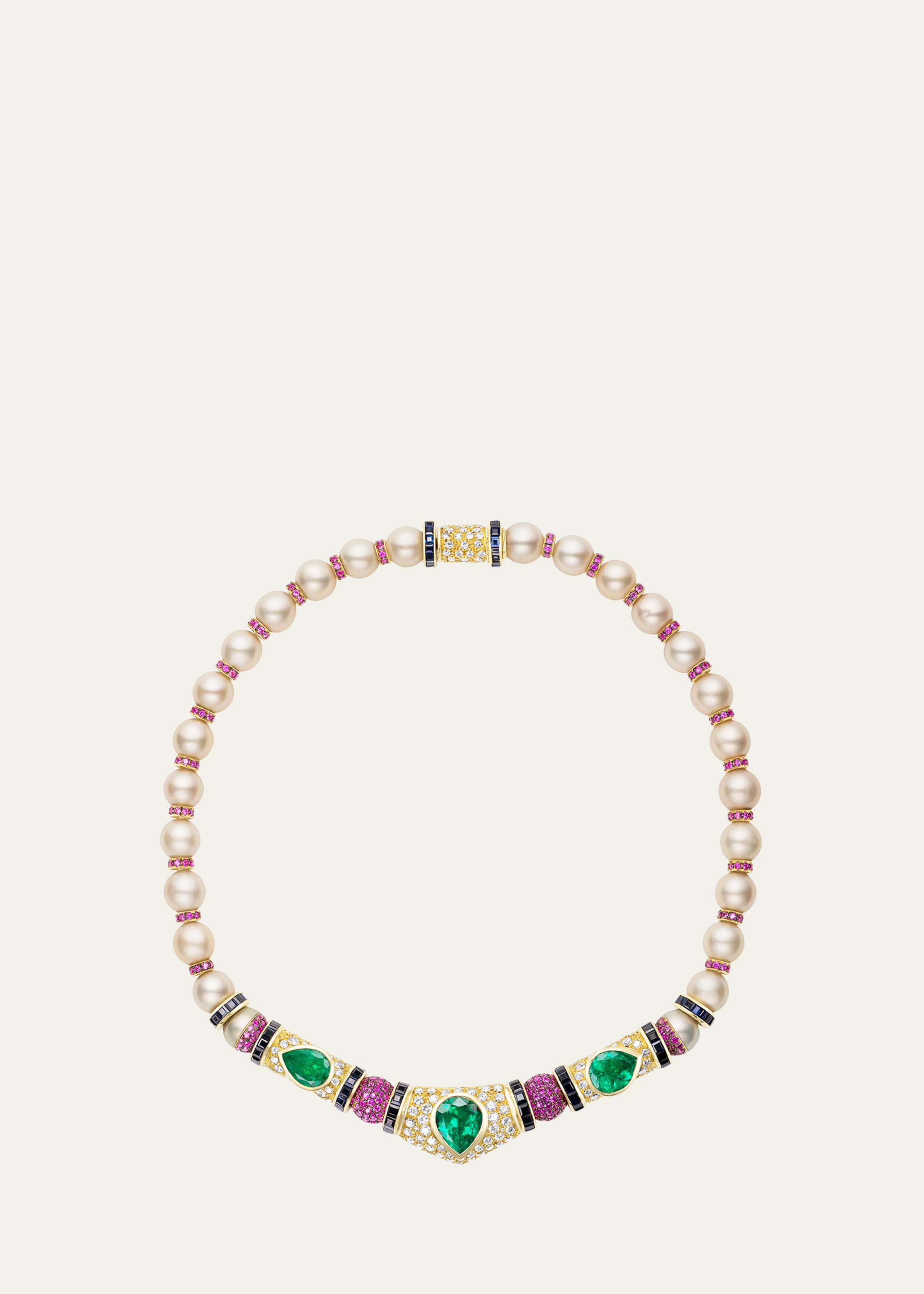 18K Yellow Gold Re-Worked Vintage Necklace with Pearls, Diamonds, Emeralds and Sapphires