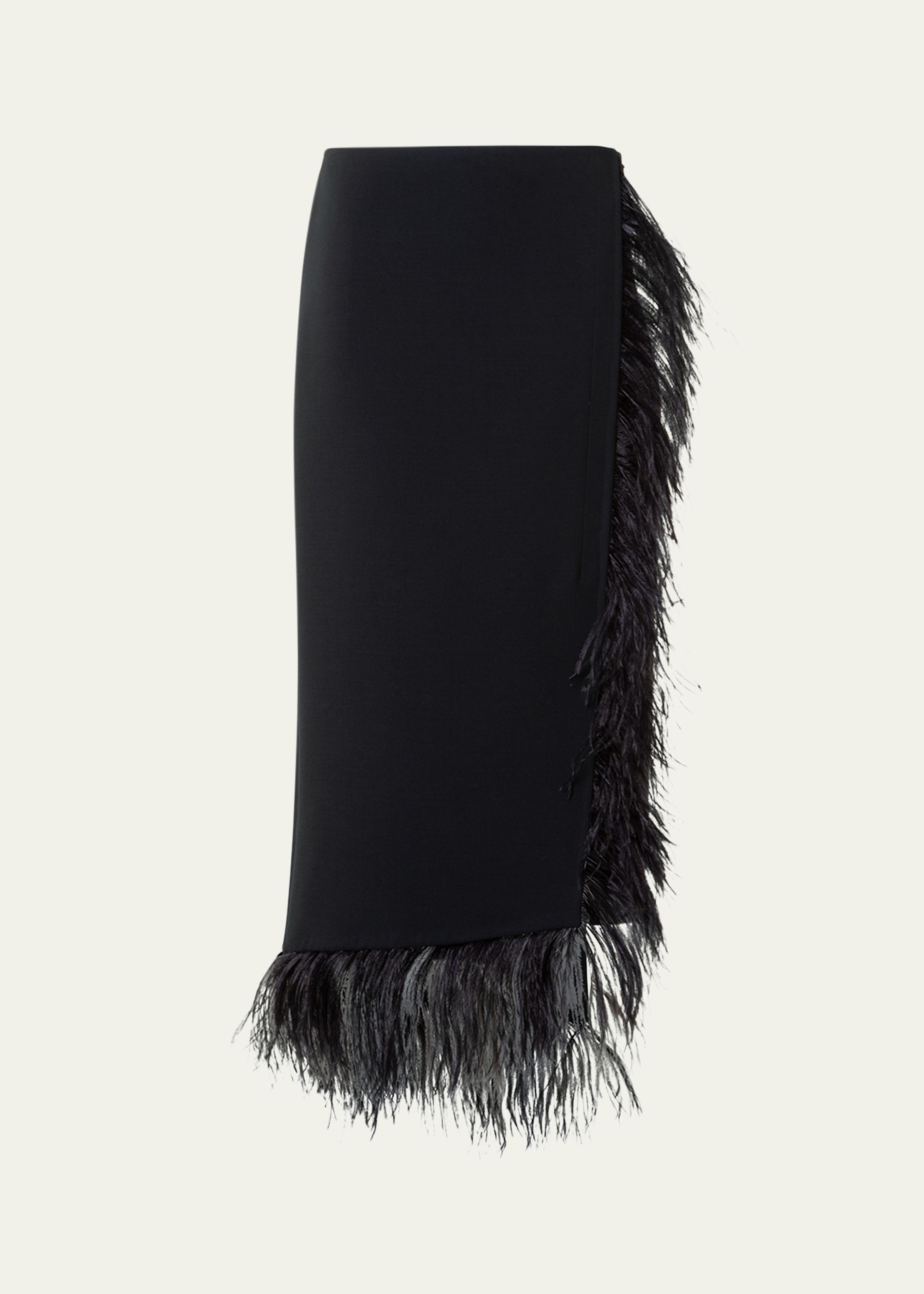 Feather-Trim Wool Stretch Double Face Midi Wrap Skirt