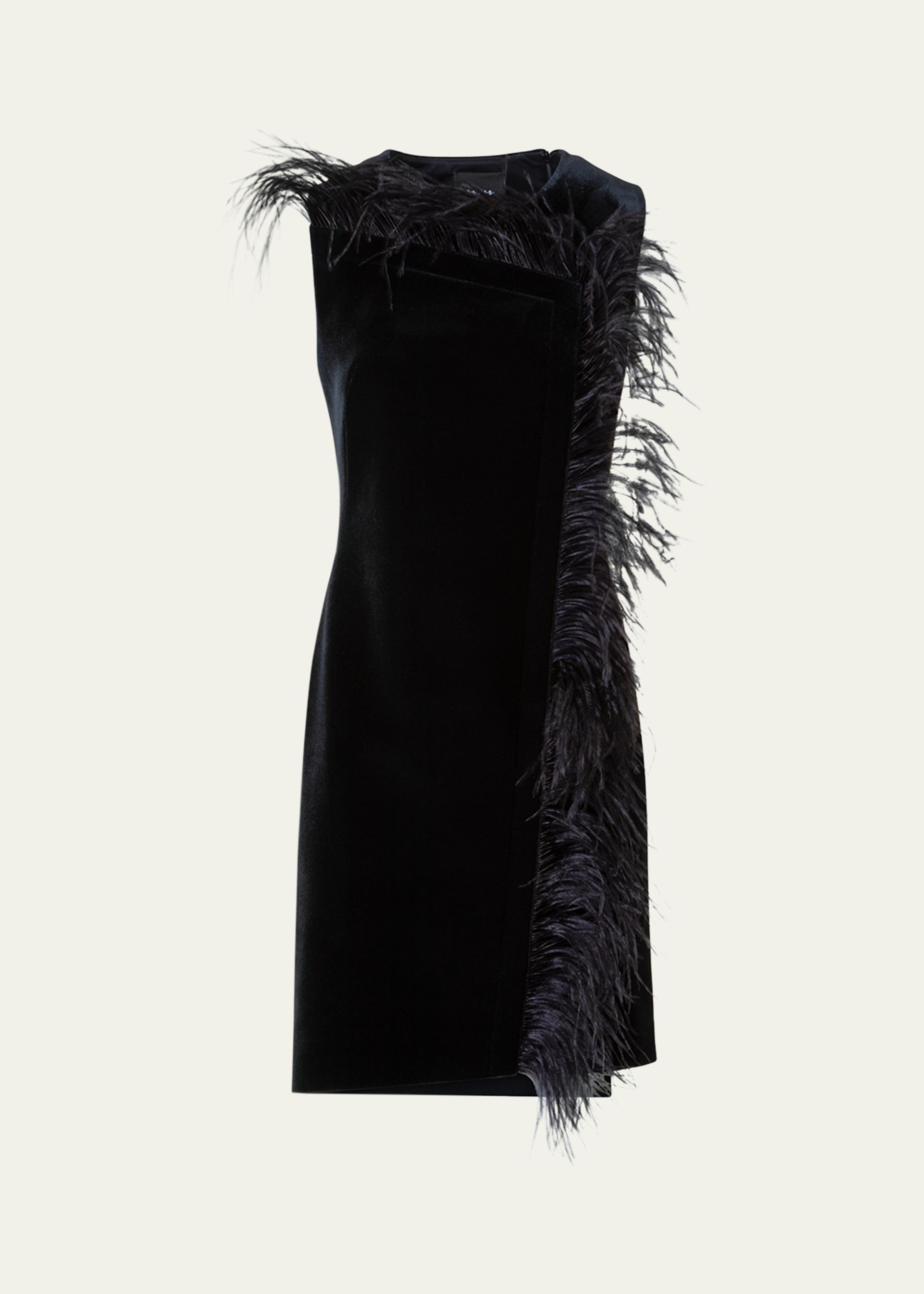 Neoprene Velvet Feather-Trim Asymmetric Mini Dress