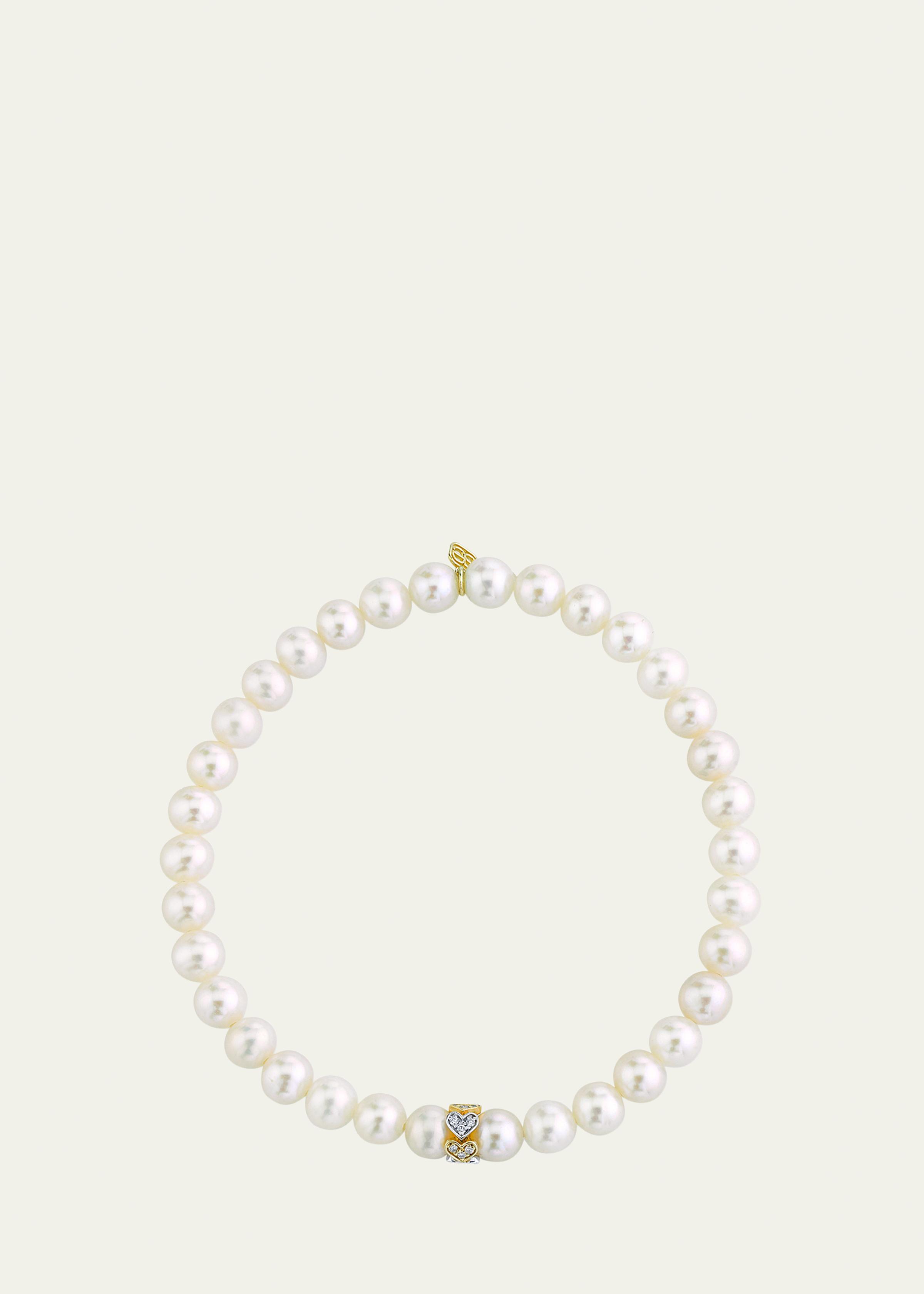 6mm Eternity Heart Diamond Rondelle on Pearl Stretch Bracelet