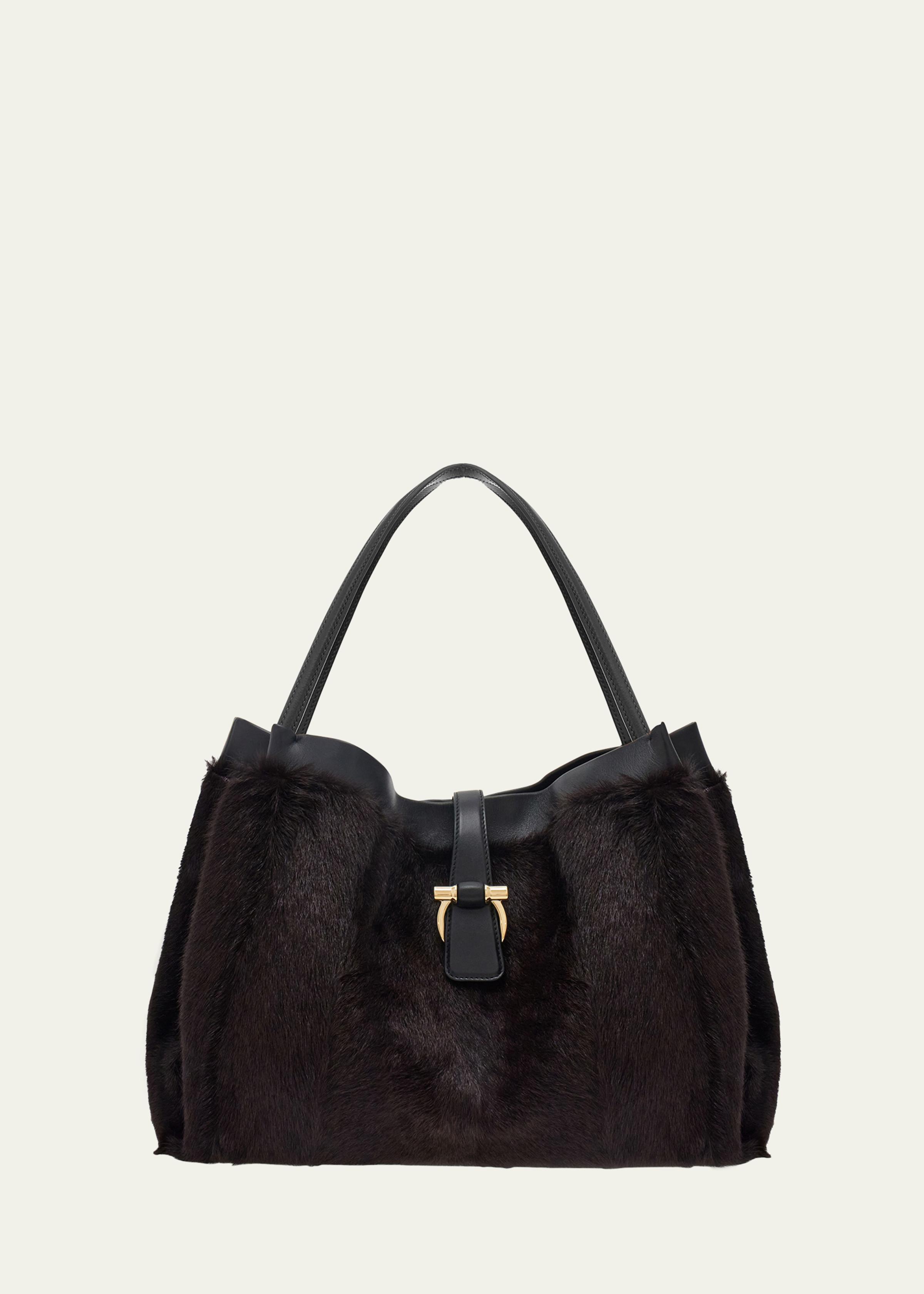 Large Mink-Effect Fur & Leather Tote Bag