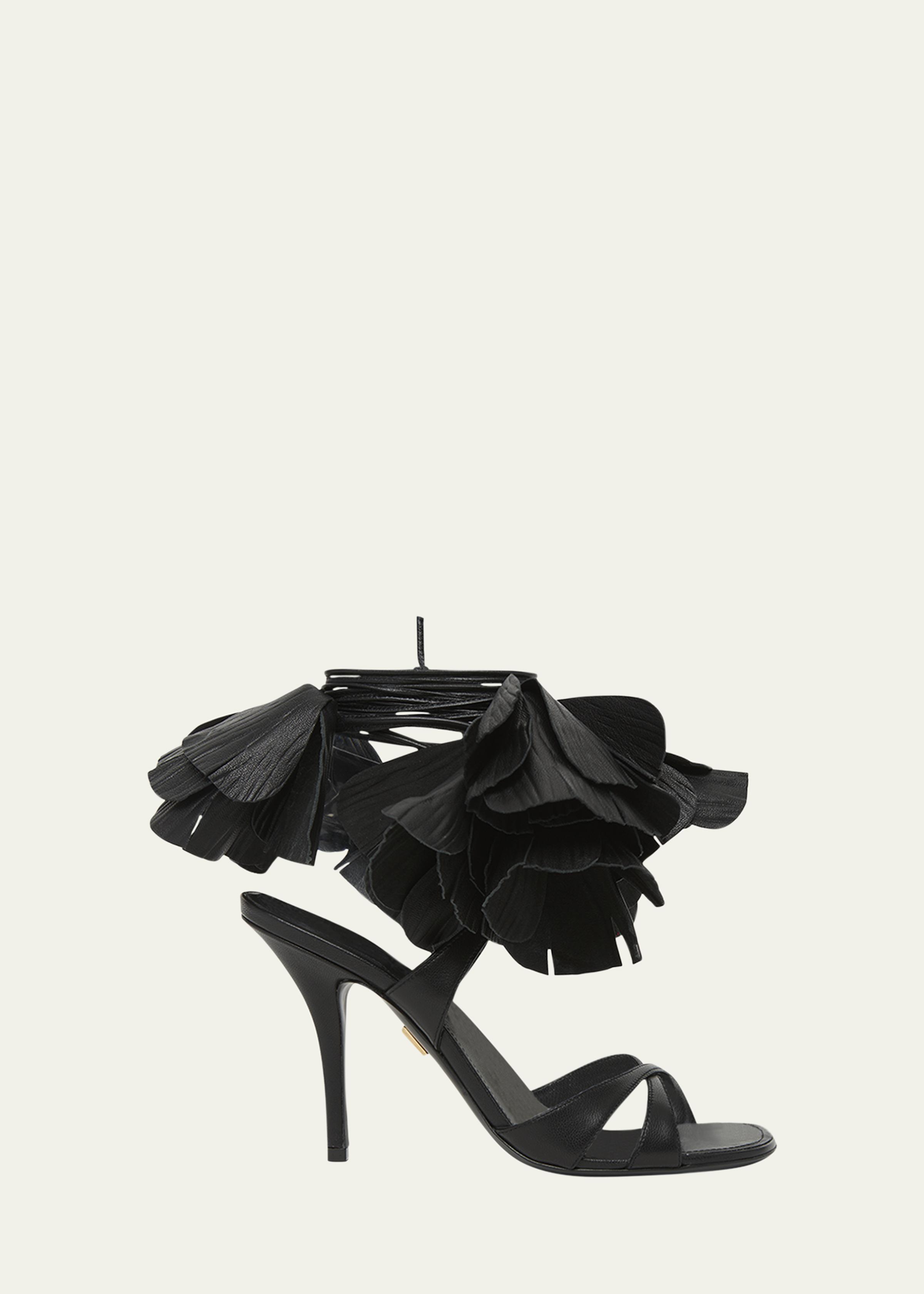 Estrella Leather Flower Ankle-Tie Sandals