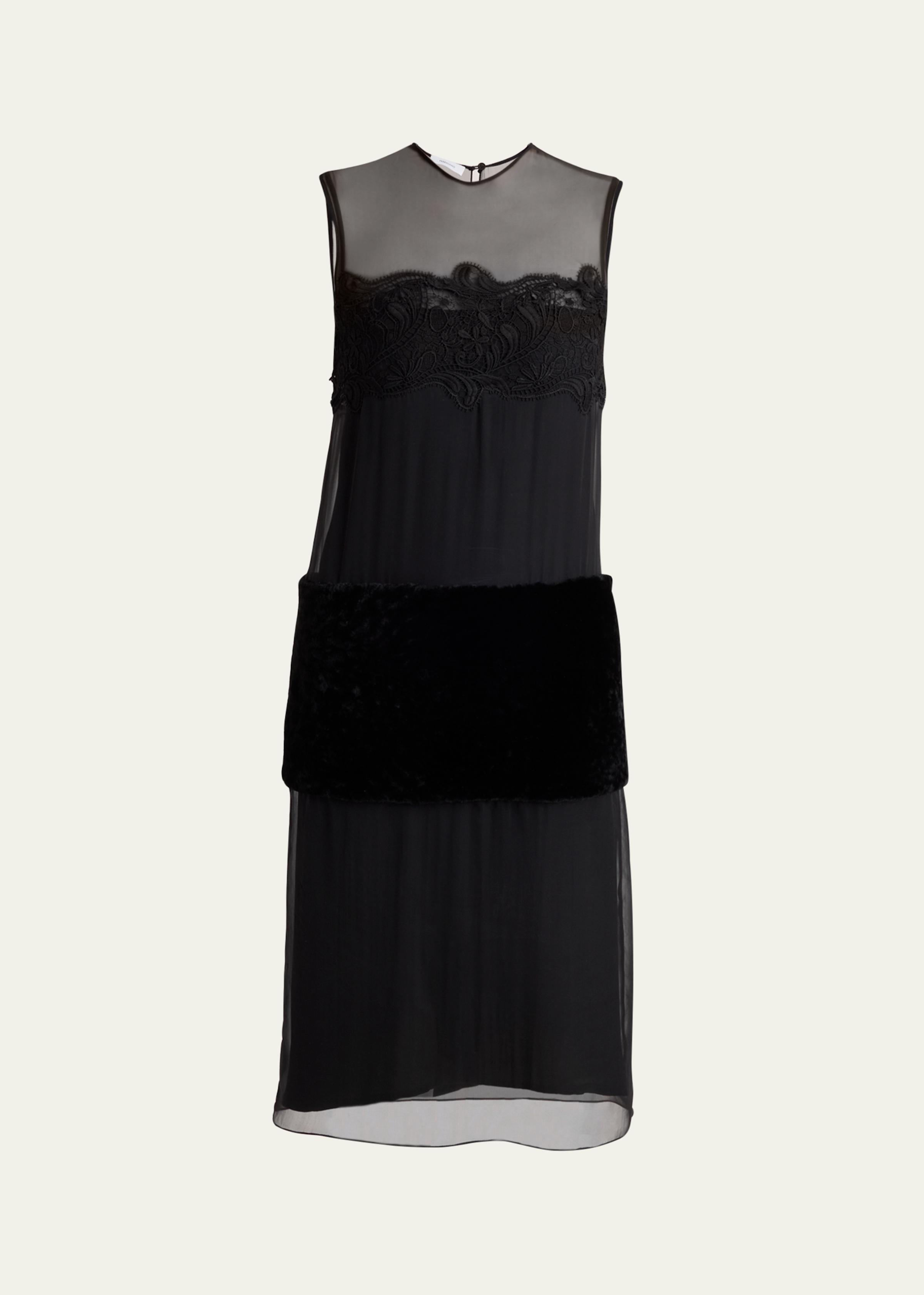 Silk Chiffon Velvet Panel Sleeveless Midi Dress