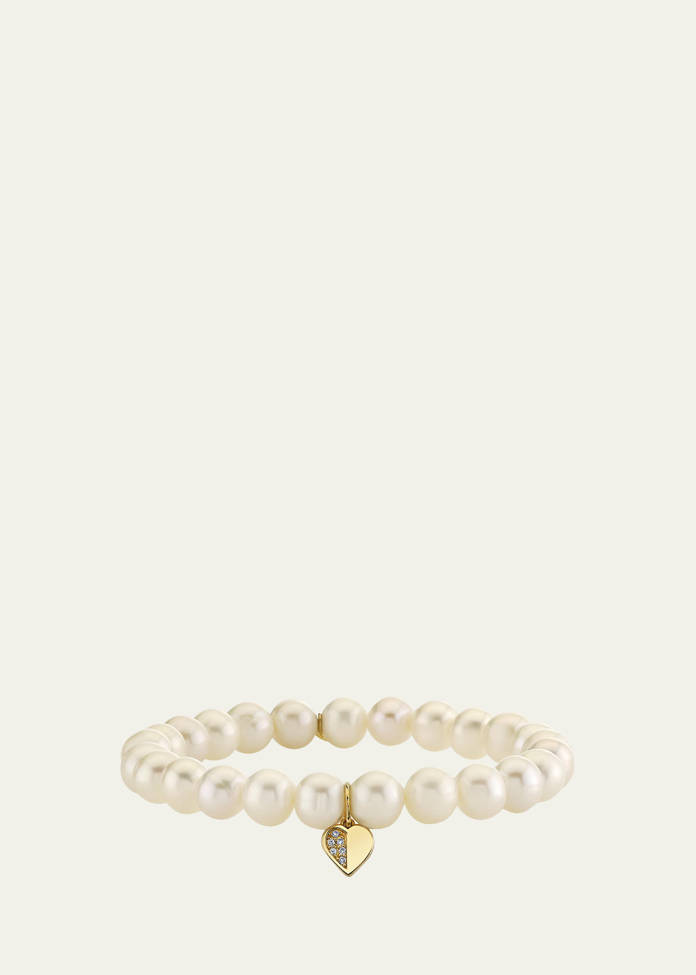 14K Half Pave Heart Charm on Pearl Stretch Bracelet