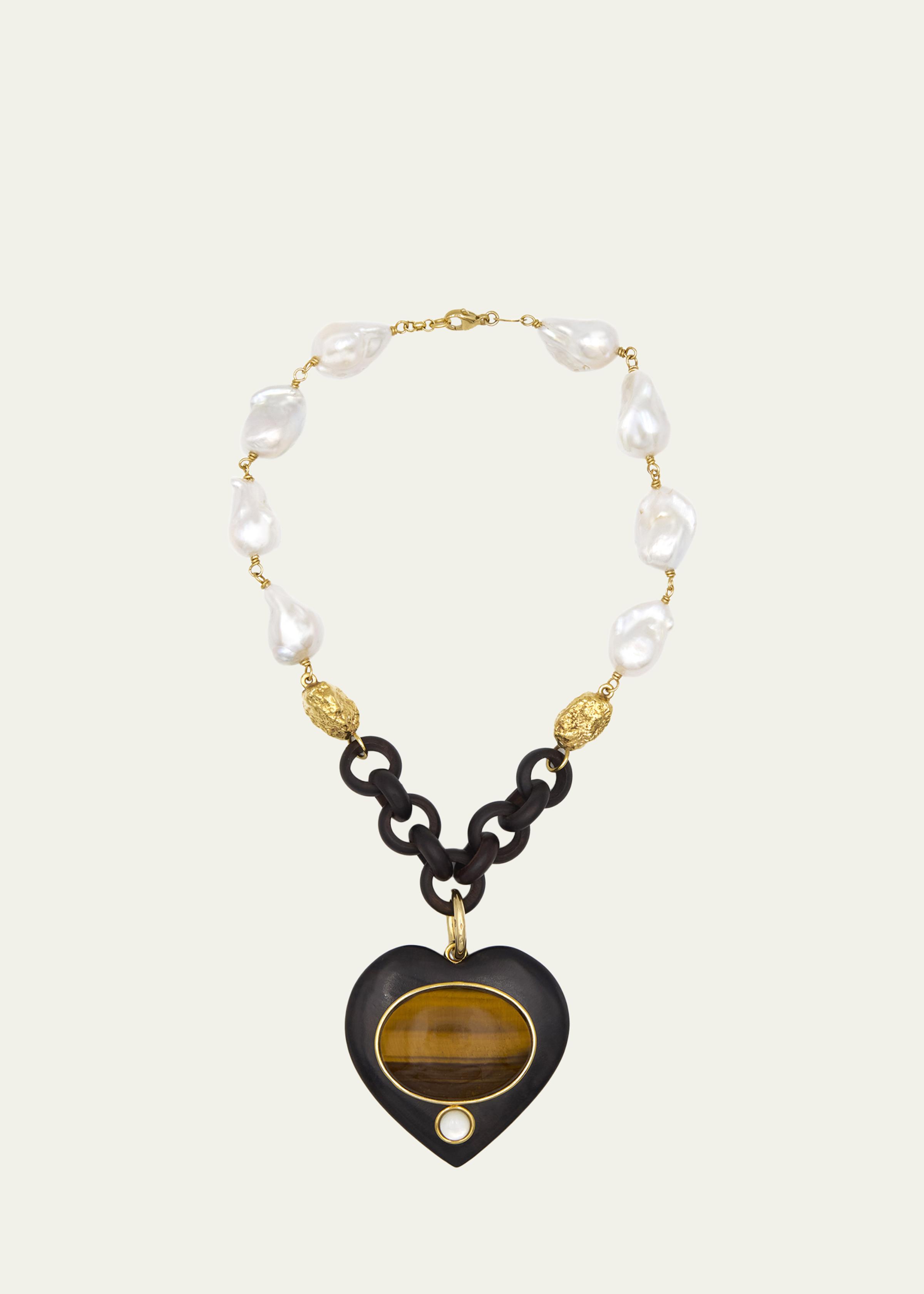 Ebony and Pearl Necklace with Tiger's Eye Heart