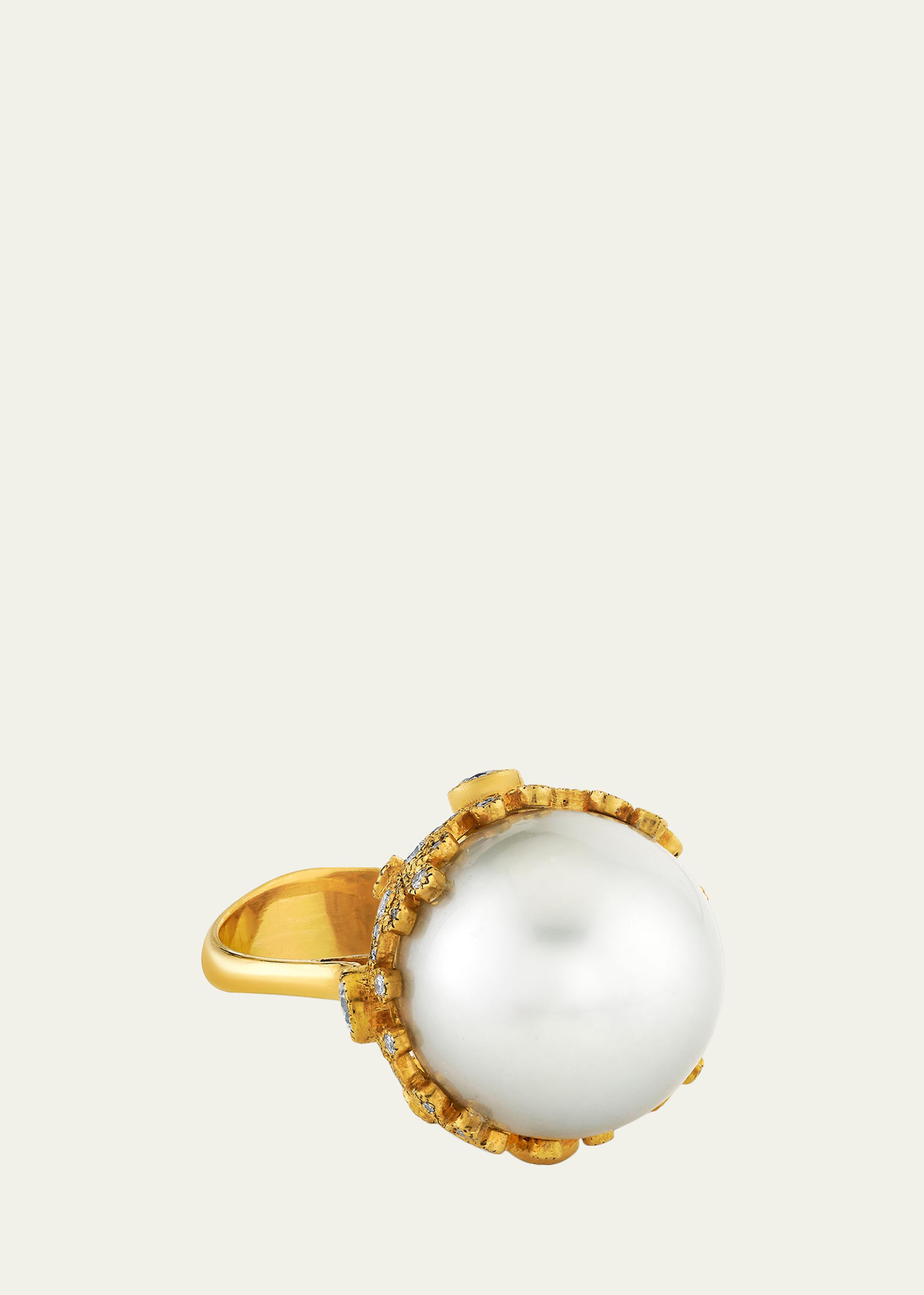 22K Gold Pearl Ring with Diamonds