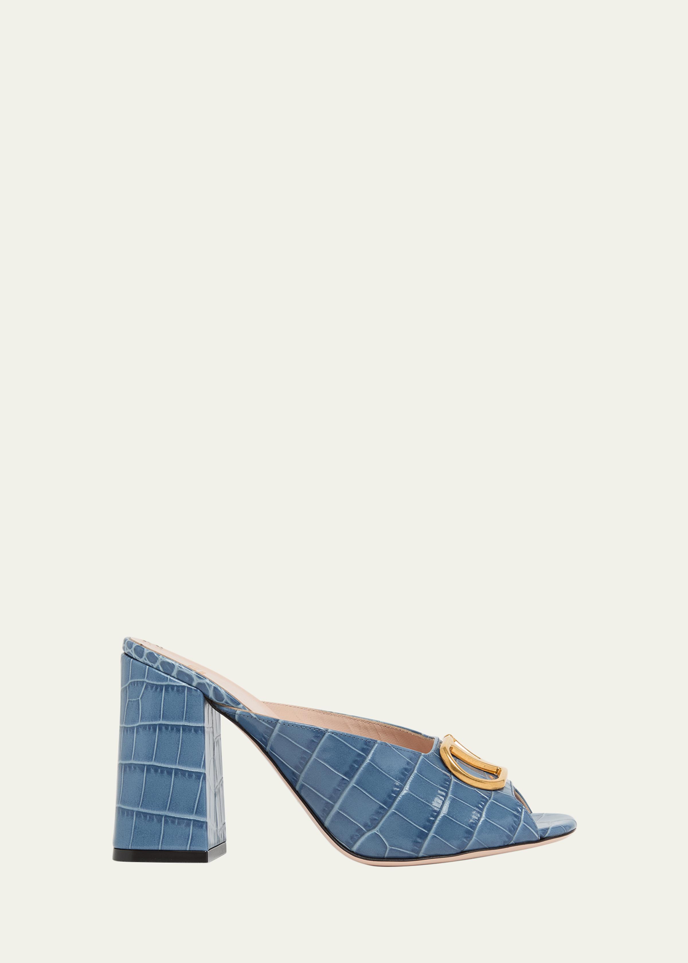 95mm VLogo Croc-Embossed Leather Mules