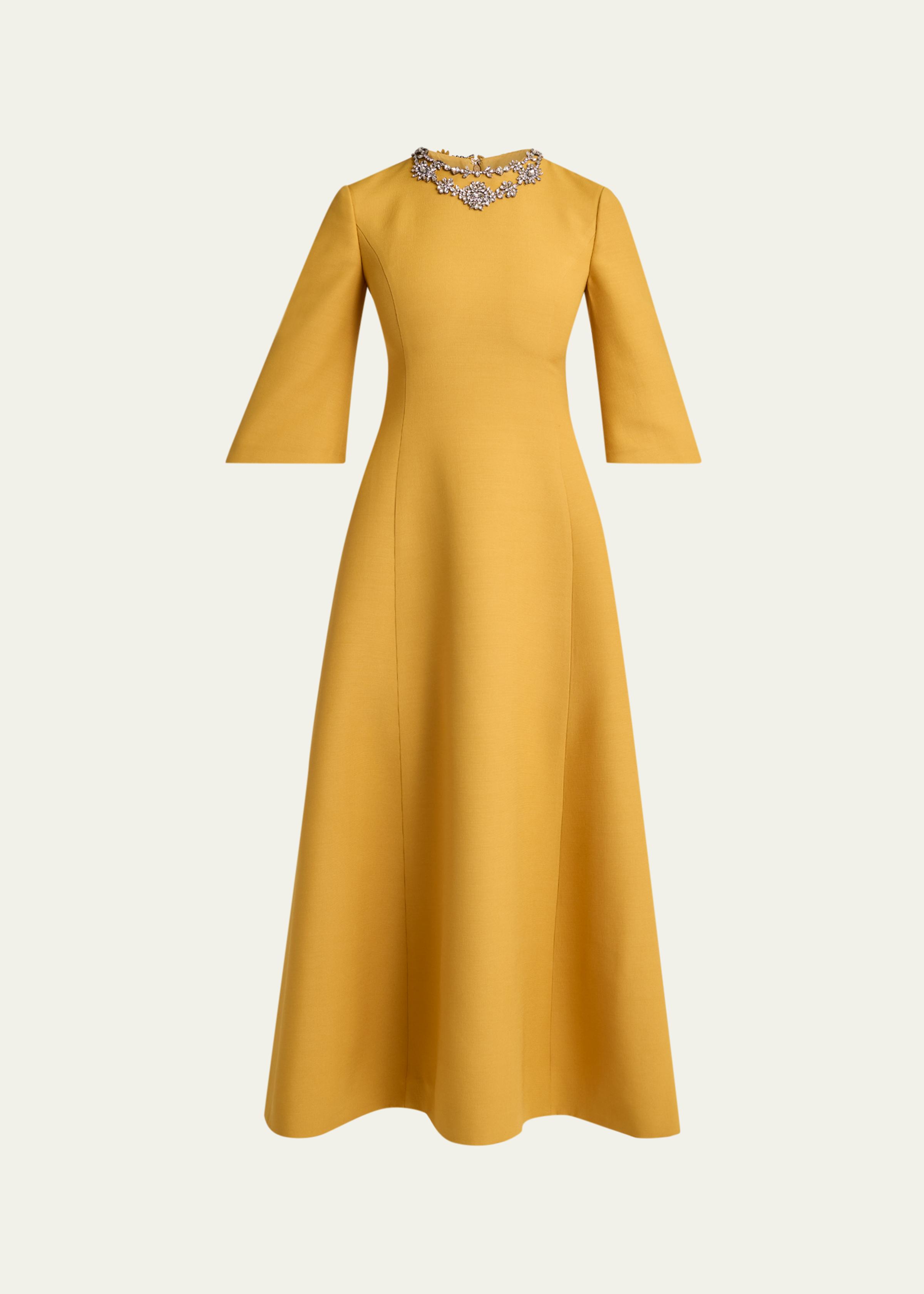 Crystal Embroidered Silk-Wool 3/4-Sleeve Midi Dress