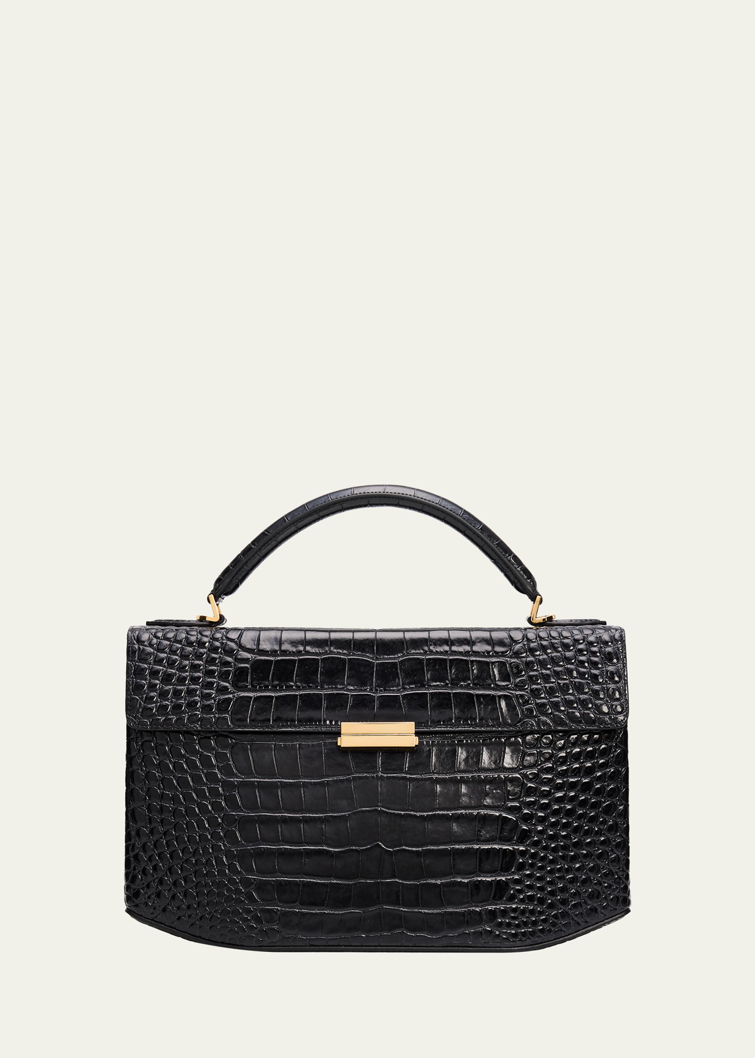 Box Croc-Embossed Leather Top-Handle Bag