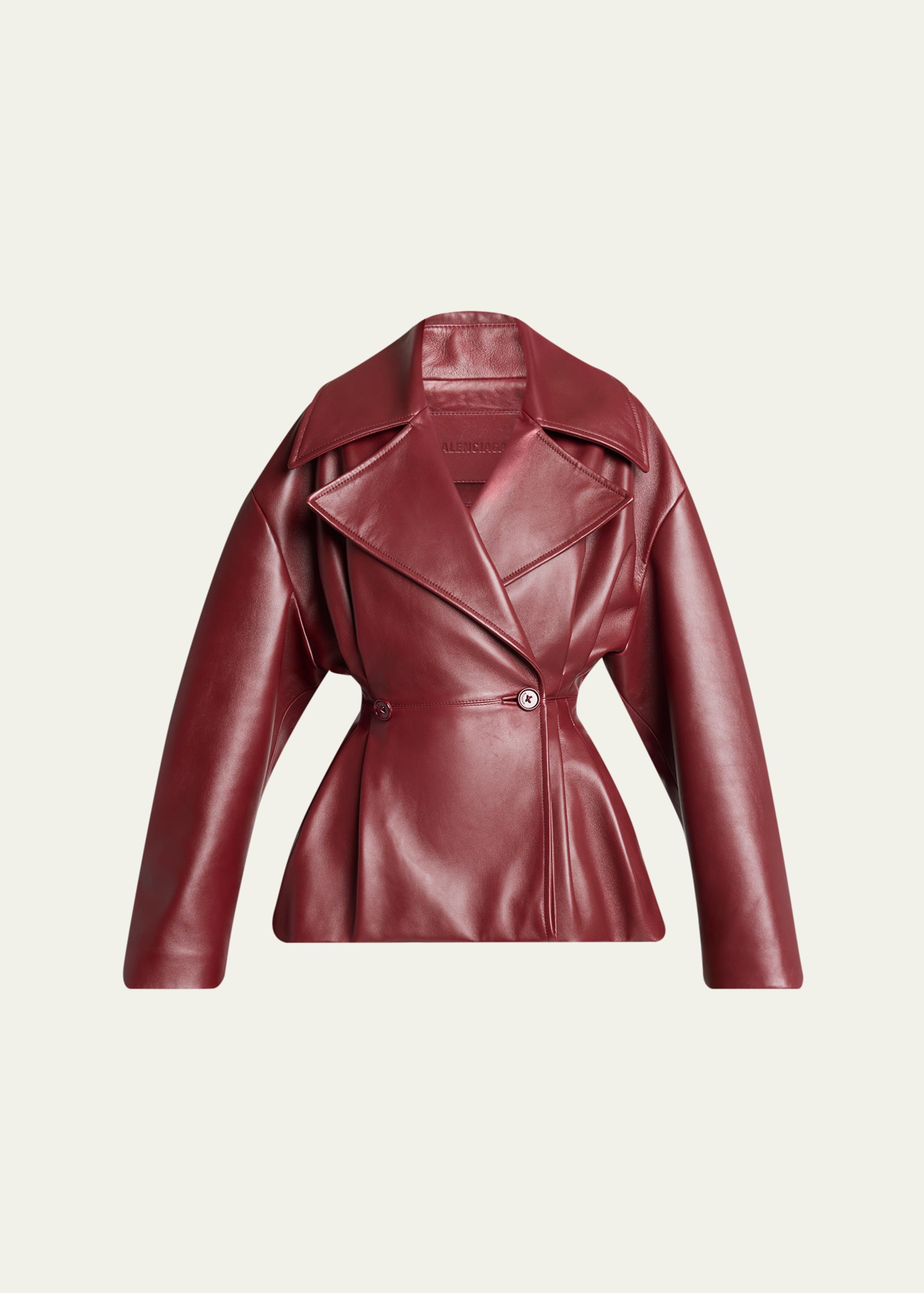 Pleated Leather Short Peplum Trench Coat