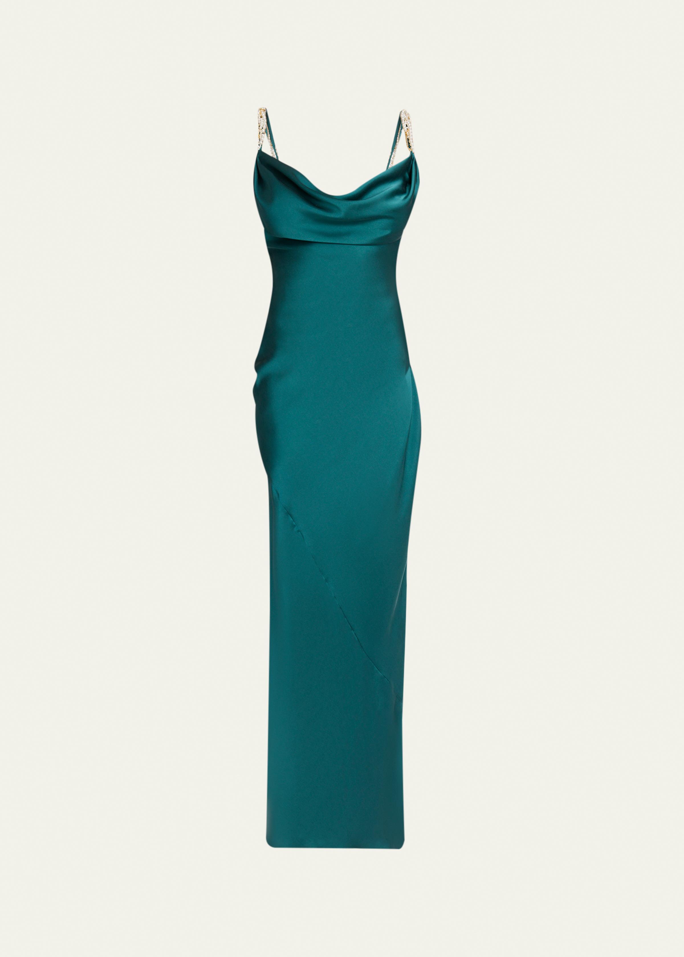 Cowl-Neck Embroidered Strap Silk Column Gown