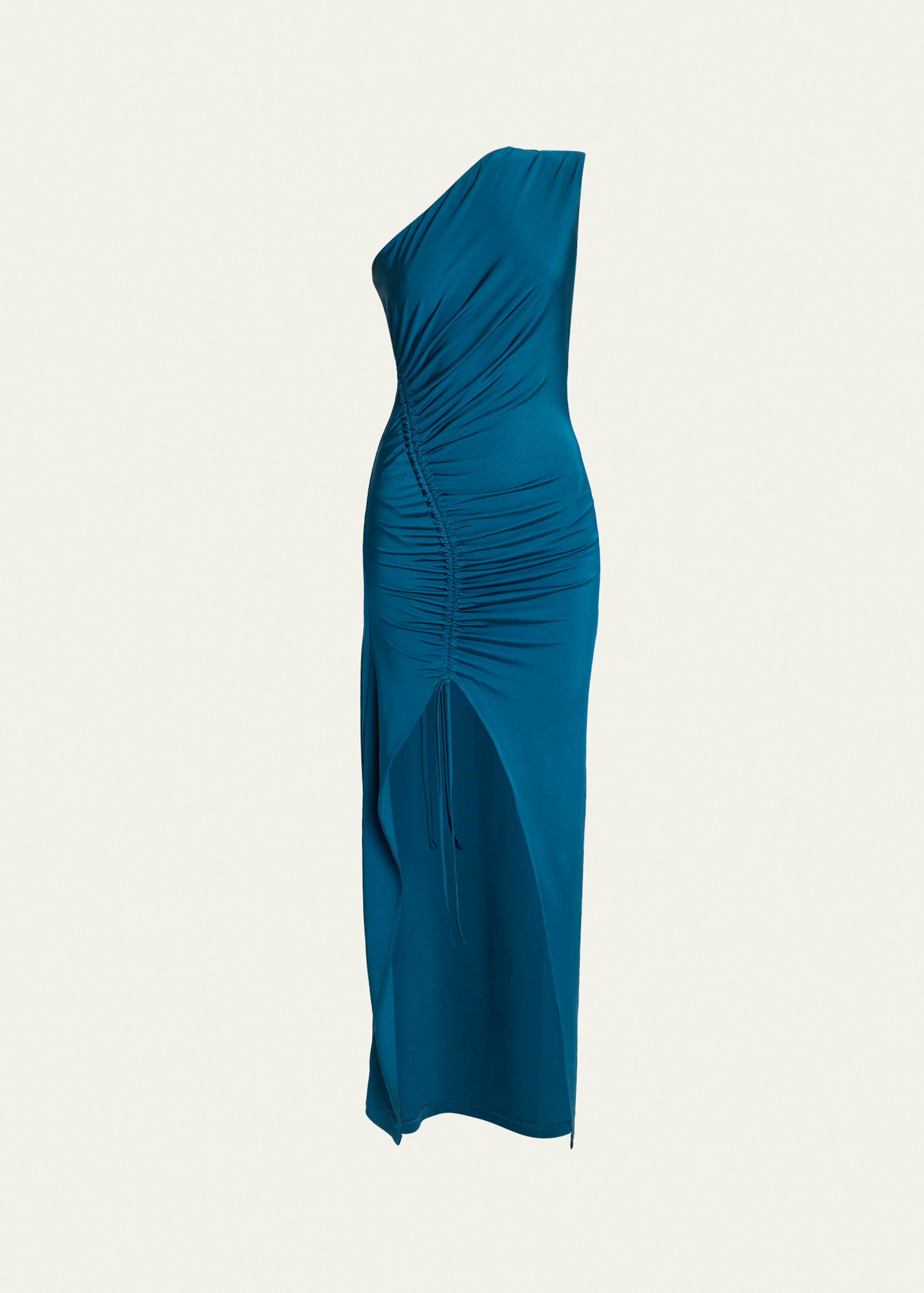 One Shoulder Fluid Jersey Ruched Gown