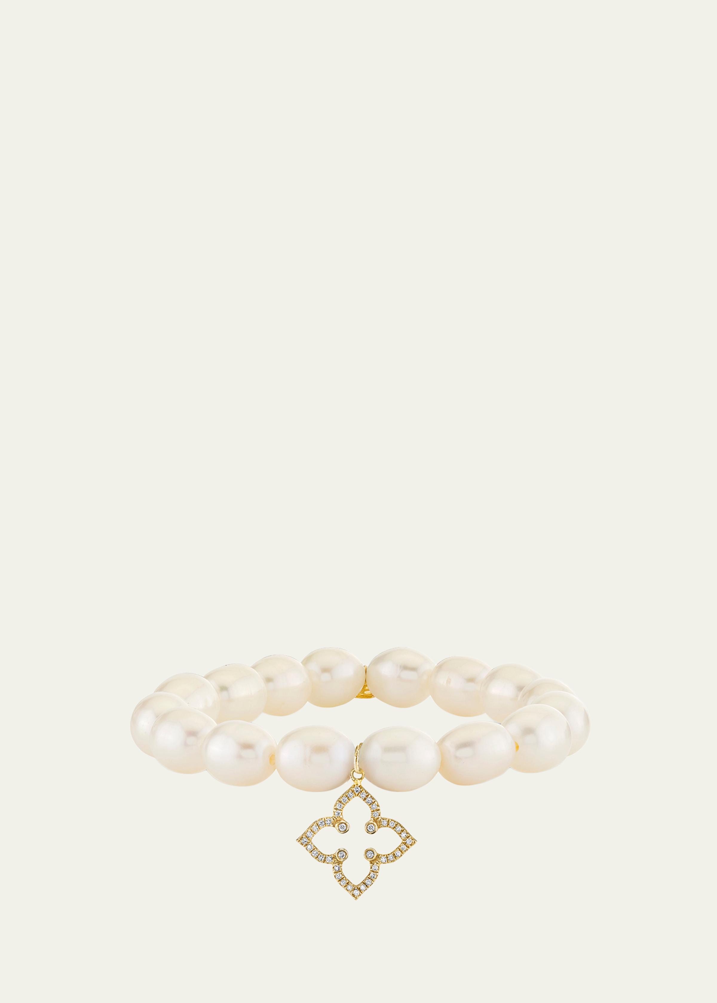 14K Diamond Moroccan Flower on Pearl Stretch Bracelet