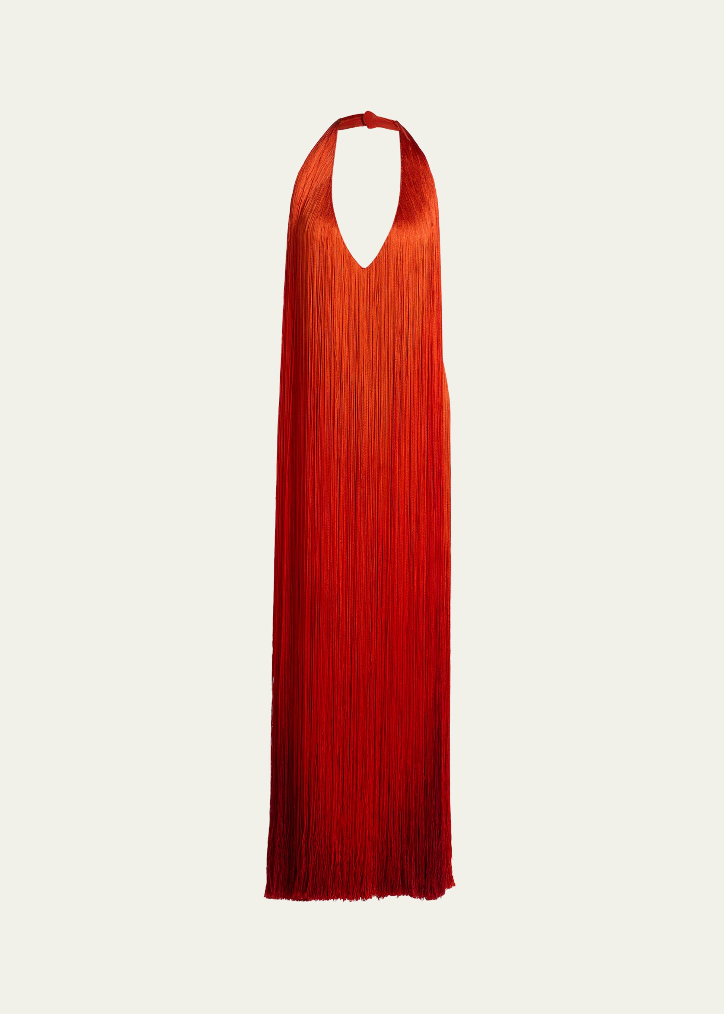 Sleeveless Fringed Plunging Halter Gown