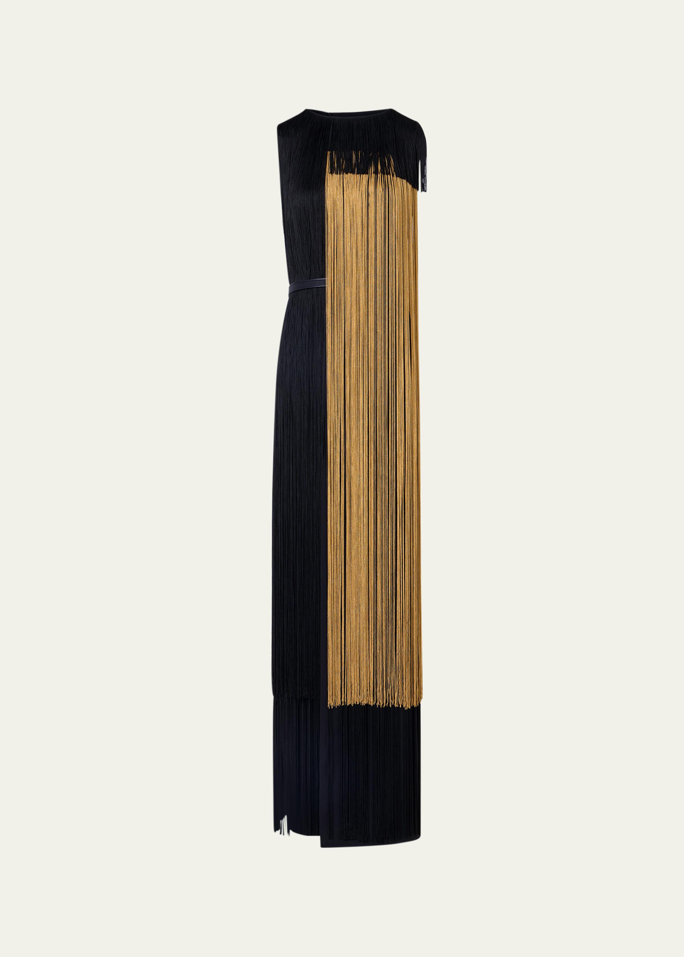 Colorblock Oro Lienzo Fringe Column Gown