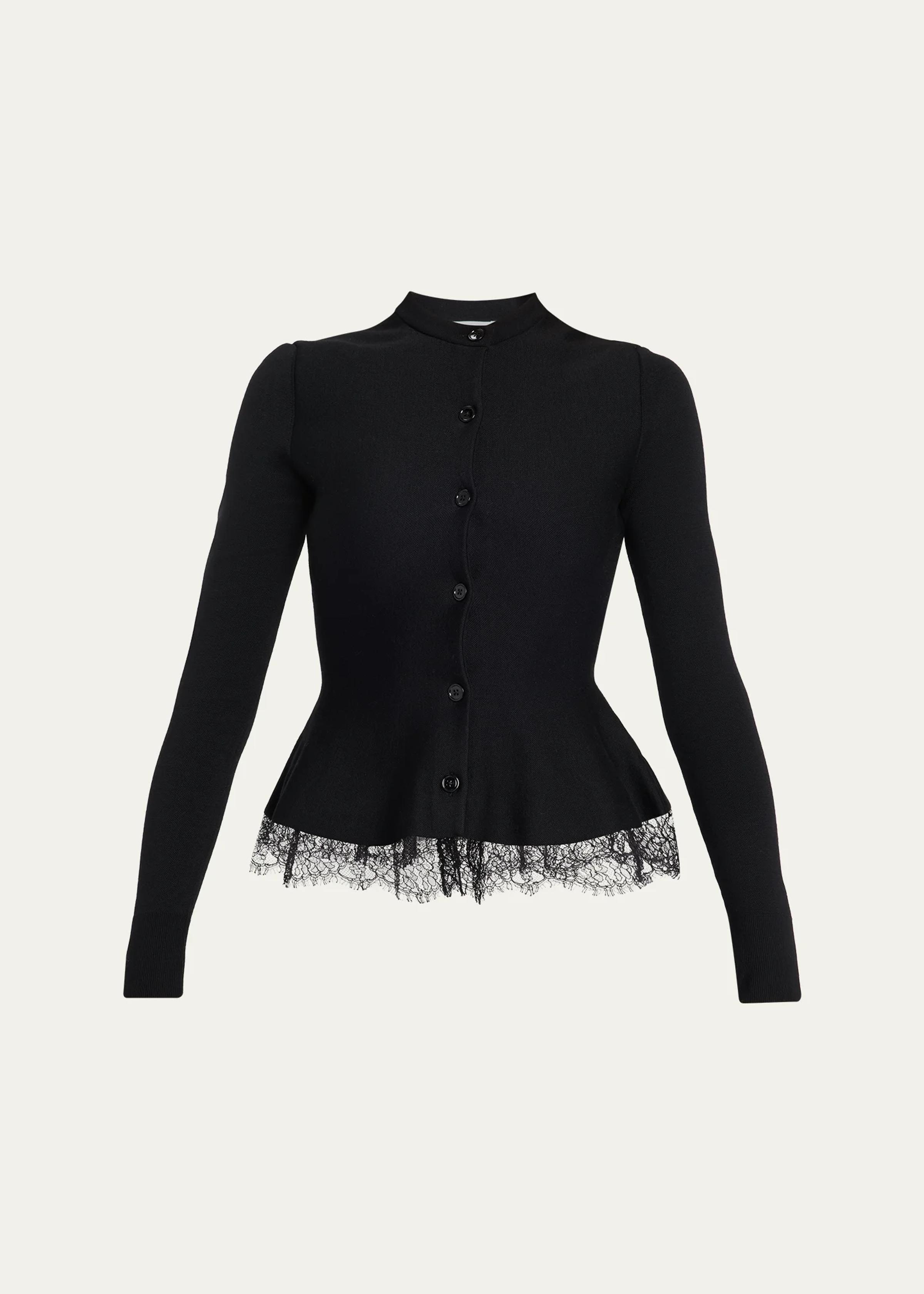 Lace-Trim Peplum Wool Crewneck Cardigan