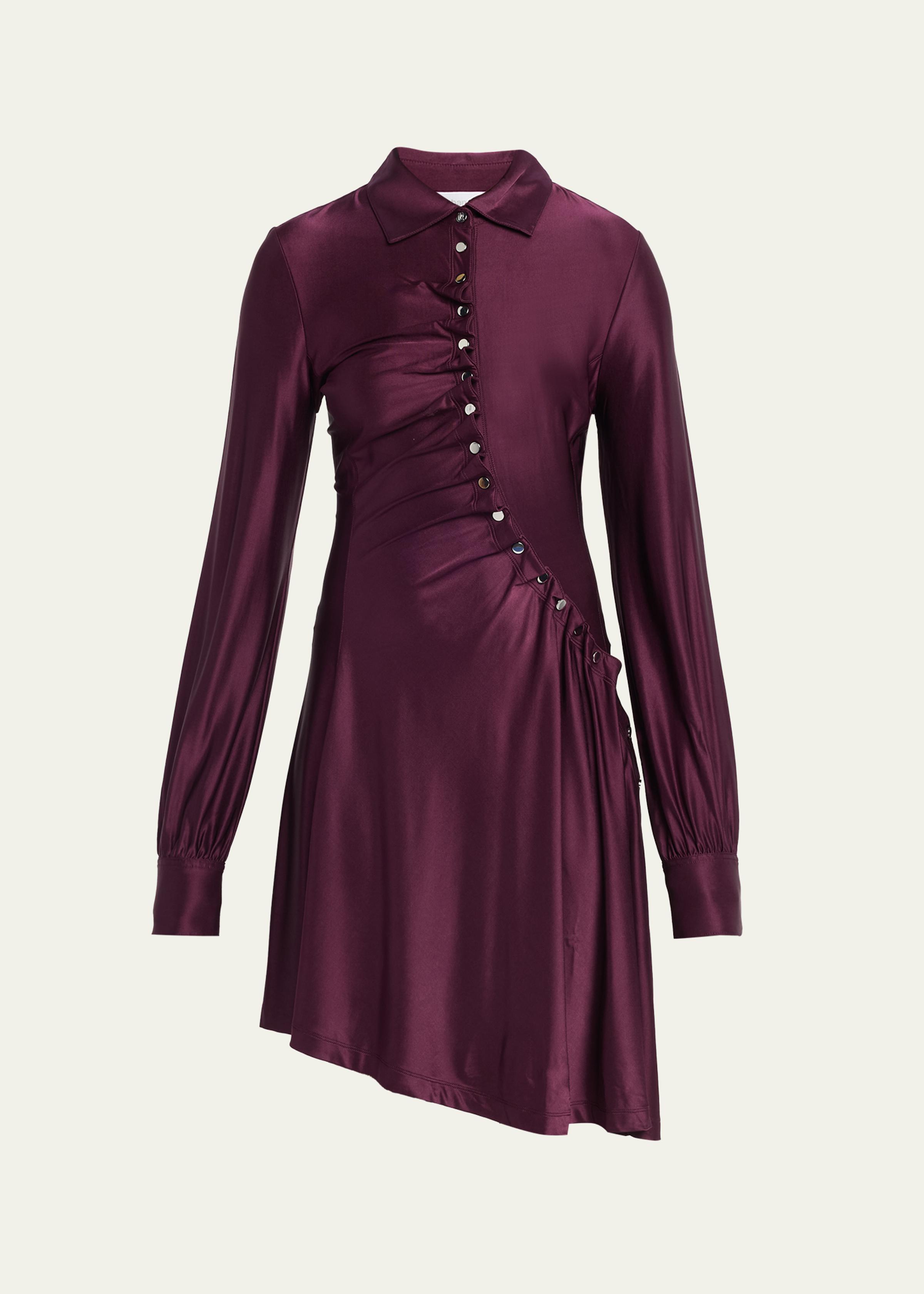 Asymmetric Gathered Button Long-Sleeve Shirtdress