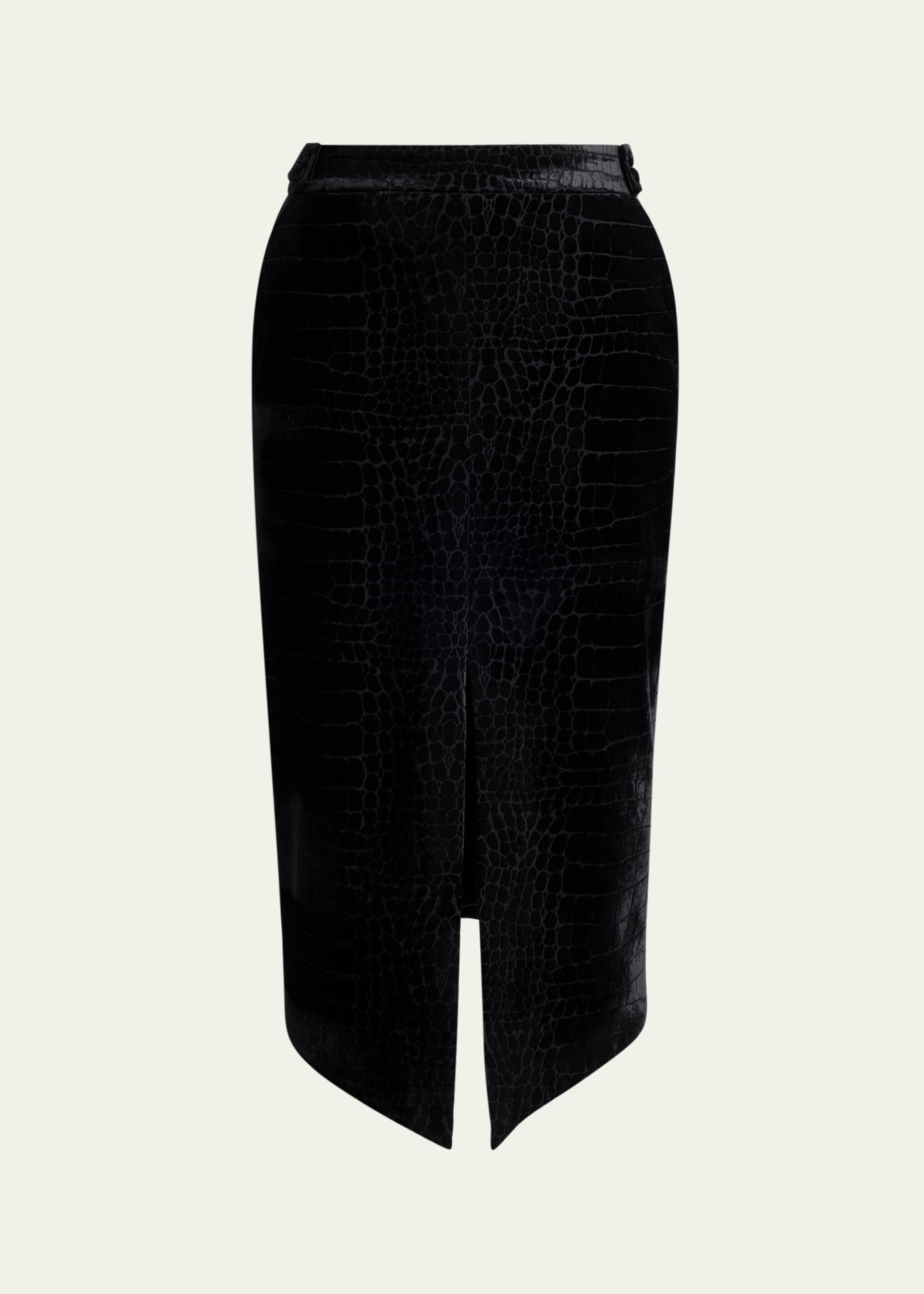 Croco-Embossed Velvet Midi Skirt