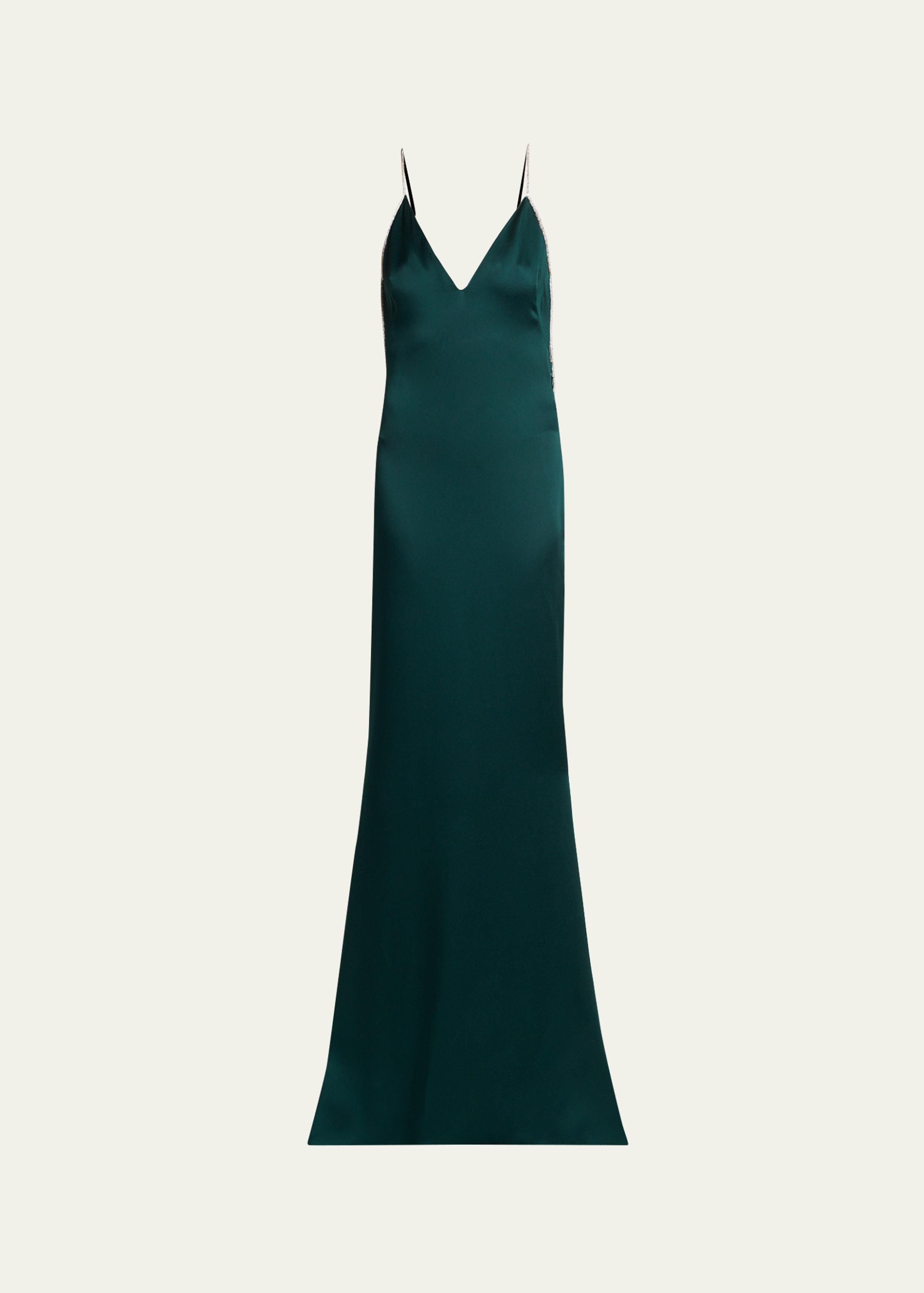 Crystal-Trim Backless Satin Mermaid Gown