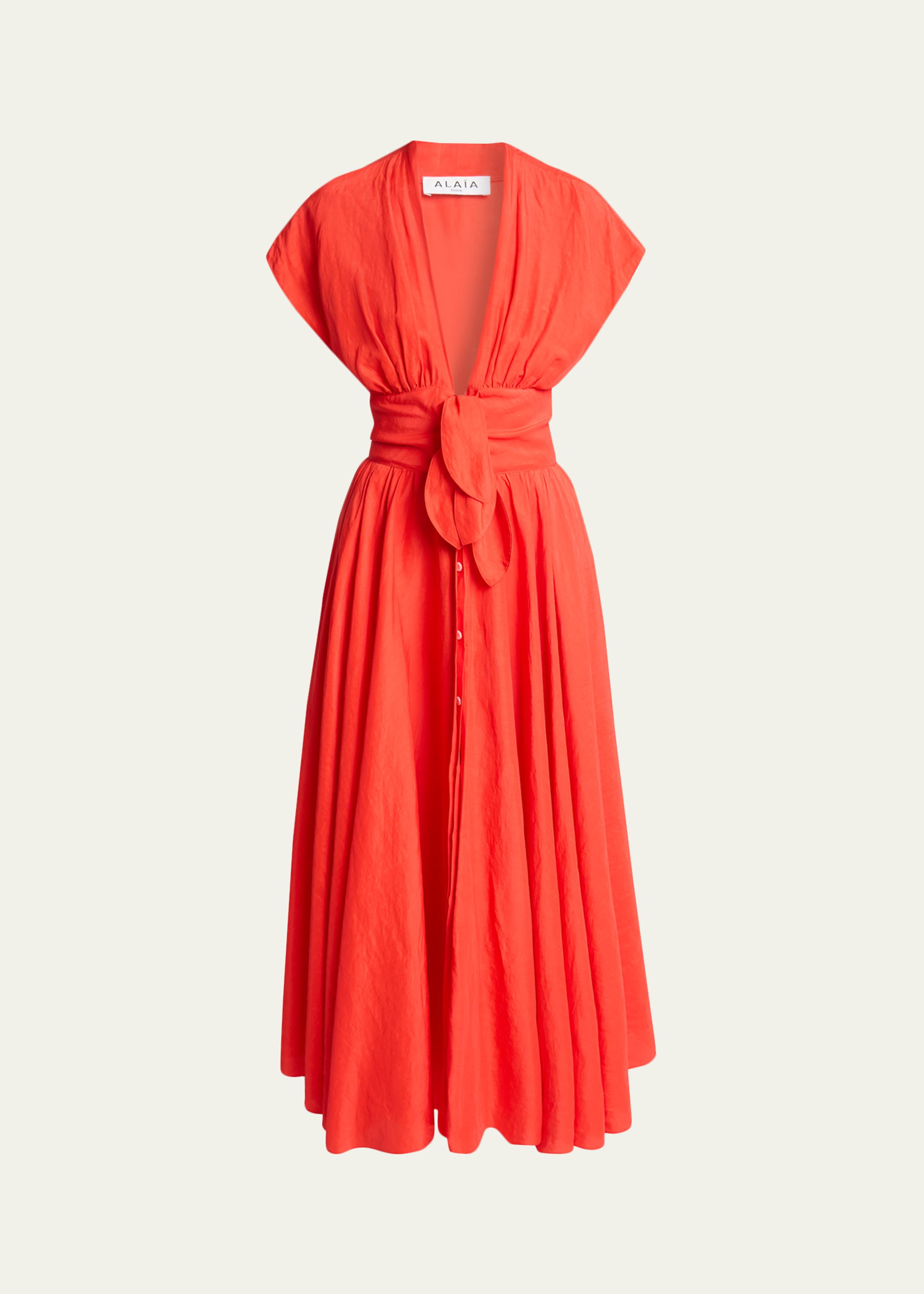 Plunging Belted Linen Midi Dress