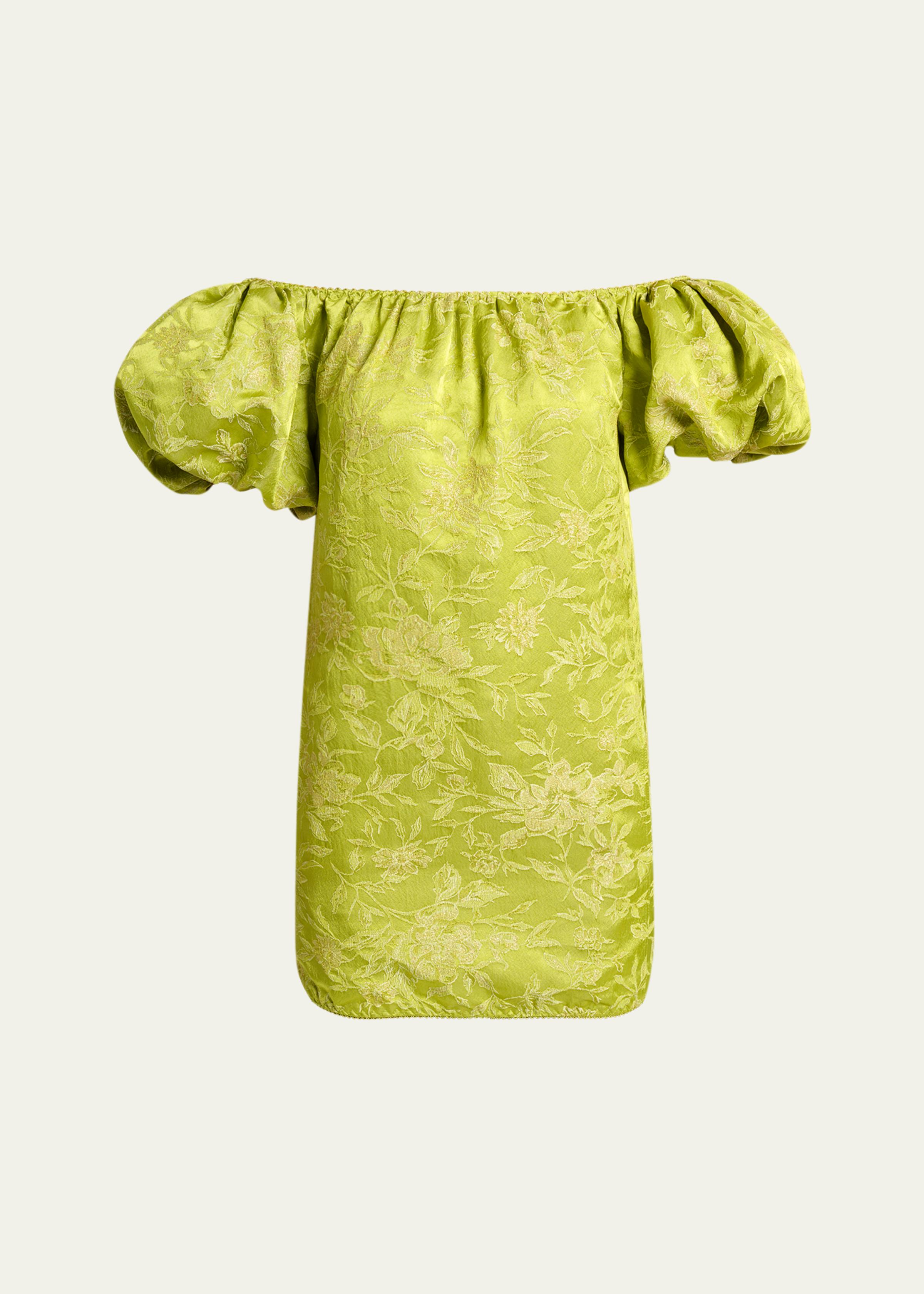 Duchesse Satin Brocade Puff-Sleeve Mini Dress