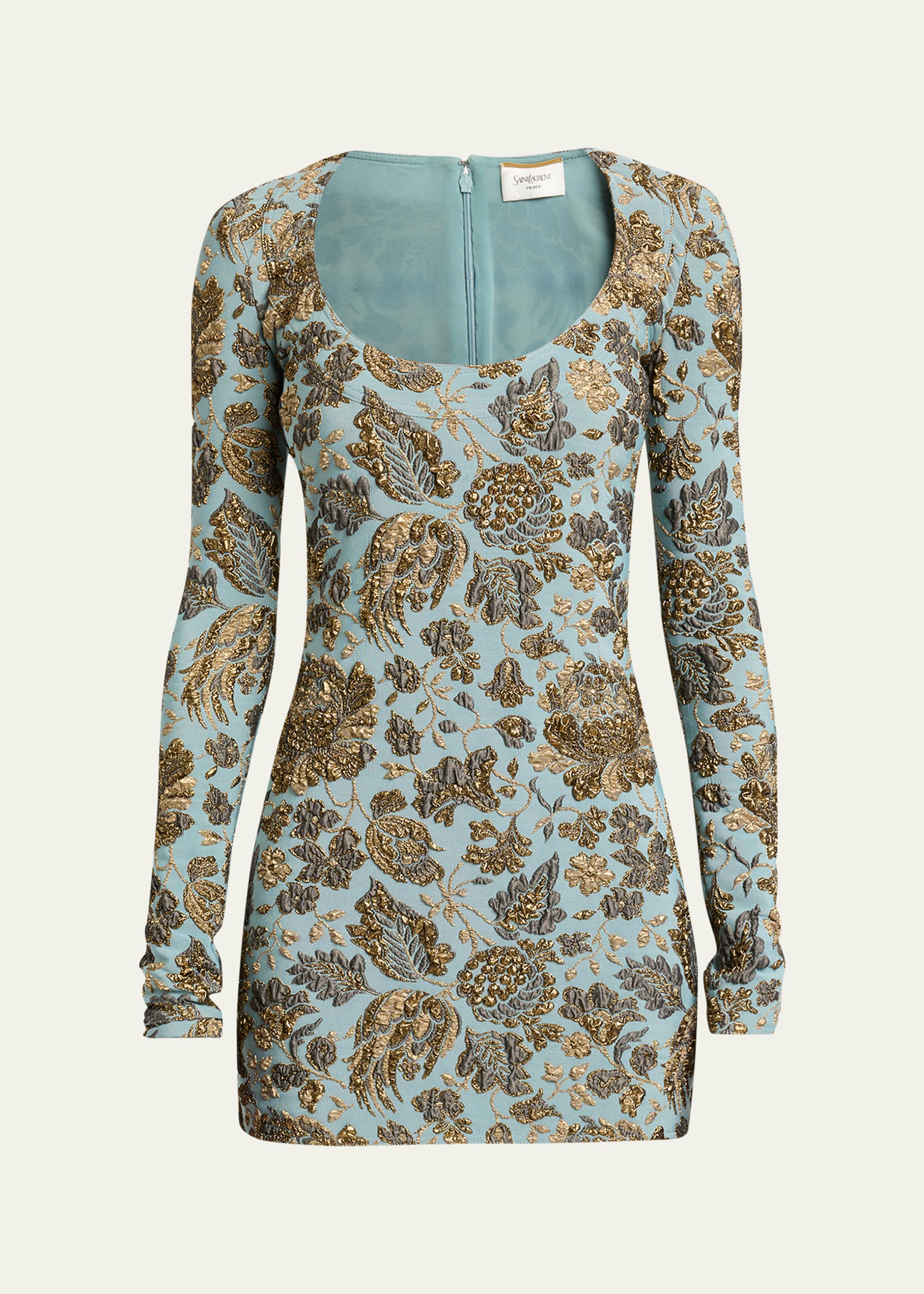 Stretch Brocade Decollete Mini Dress