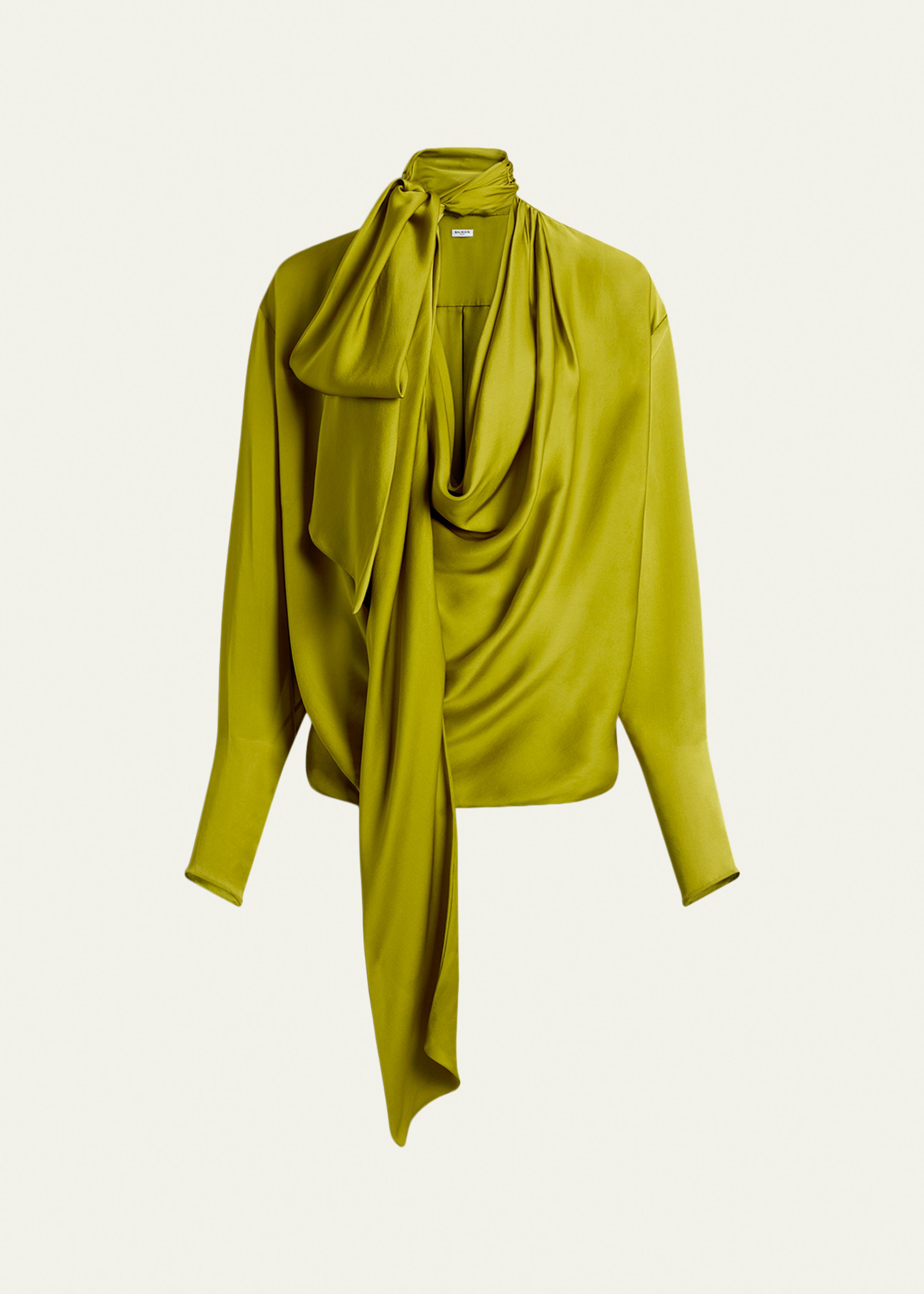 Long-Sleeve Draped Mousseline De Soie Neck-Scarf Blouse