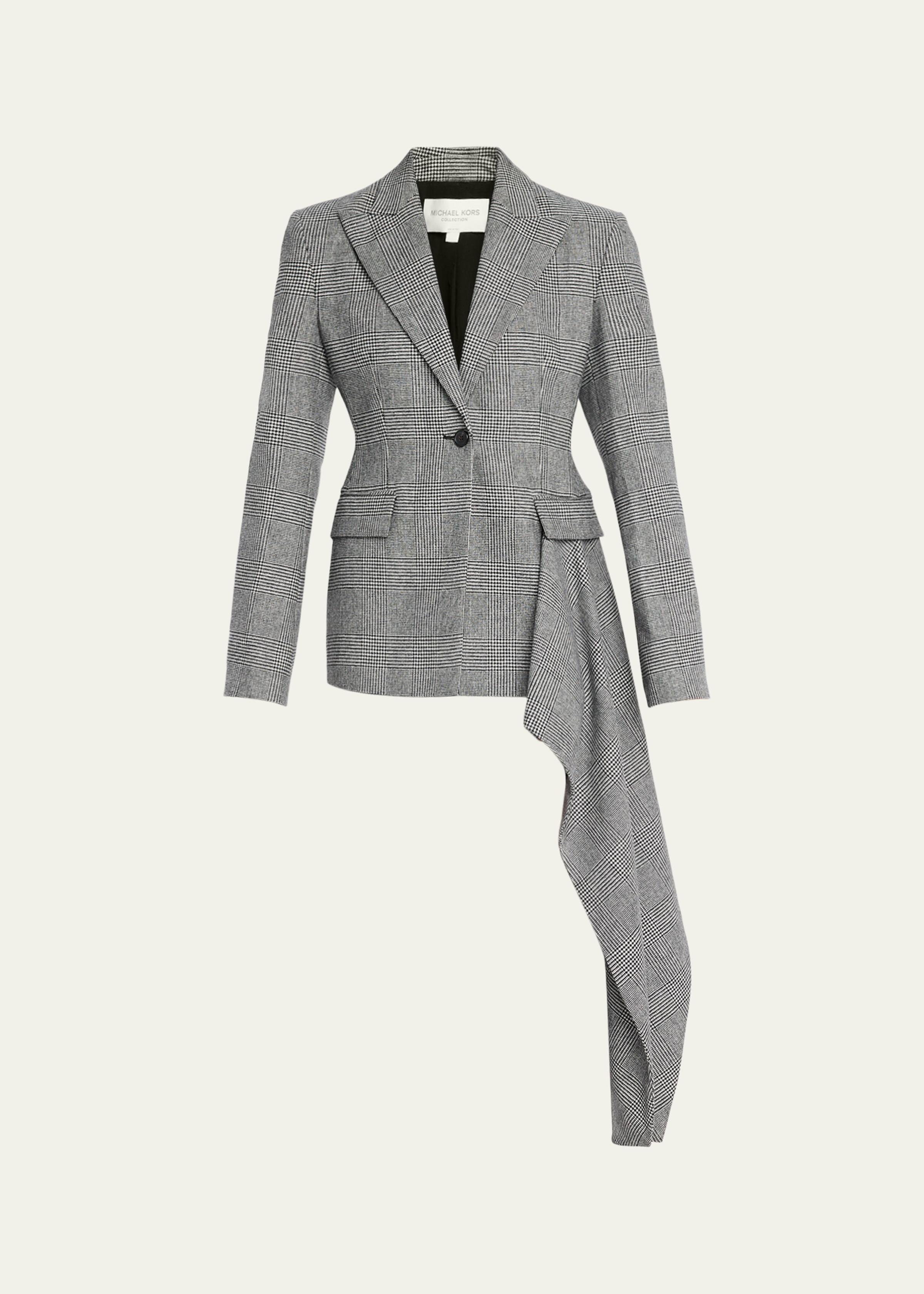 Glen Plaid Asymmetric Drape Single-Breasted Jacket