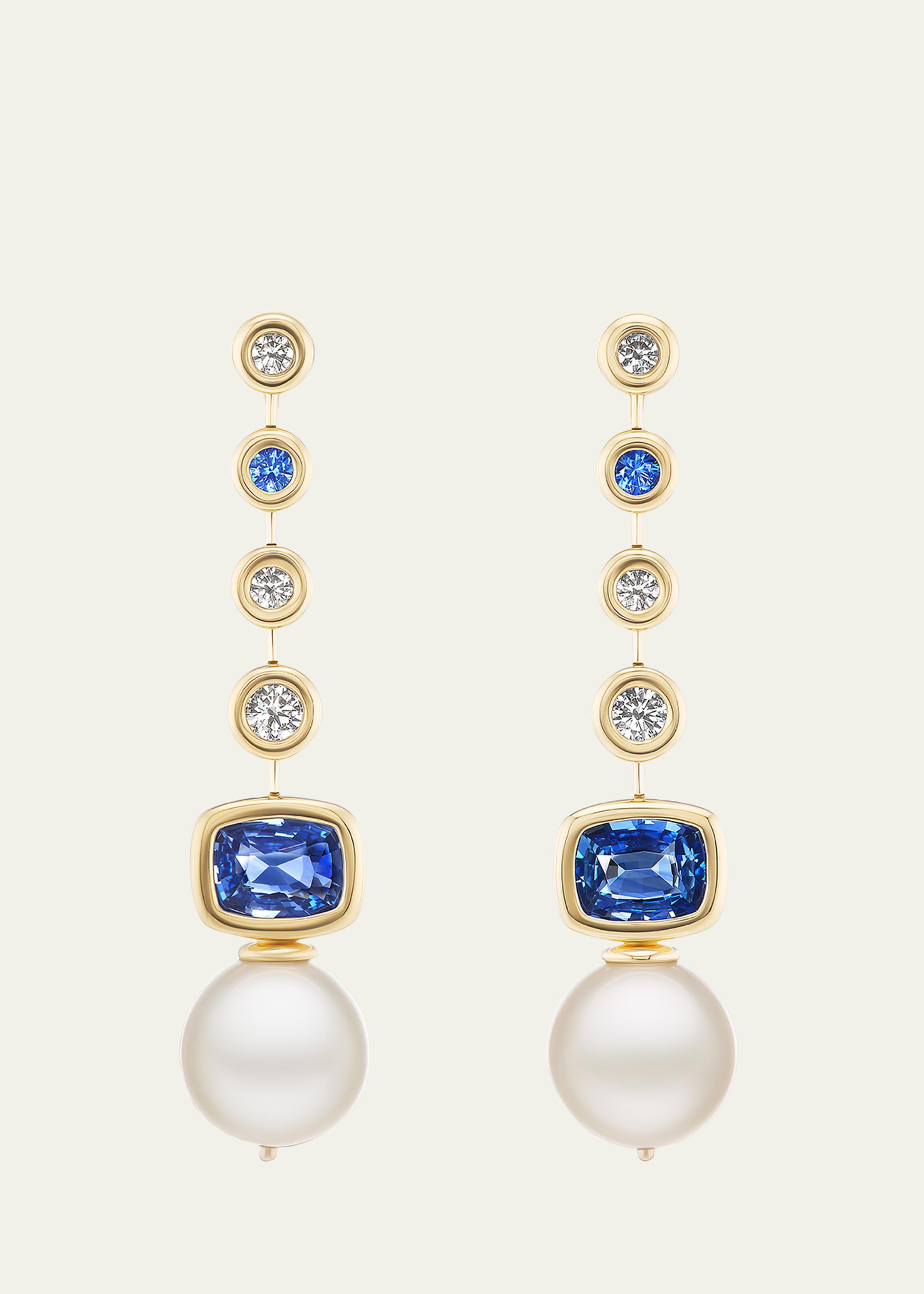 Long Blue Sapphire and South Sea Pearl Earrings