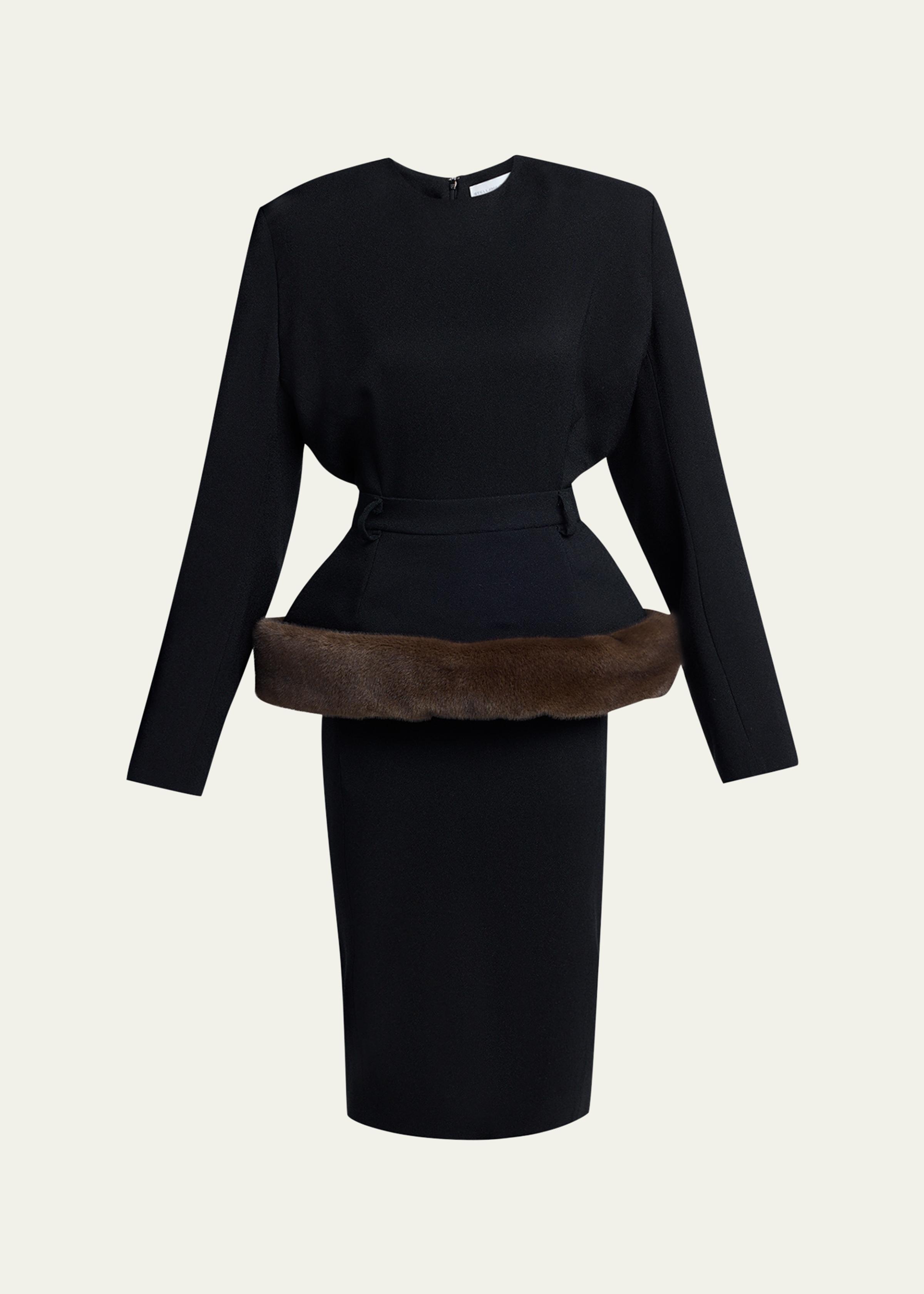 Long-Sleeve Belted Faux-Fur Peplum Midi Dress