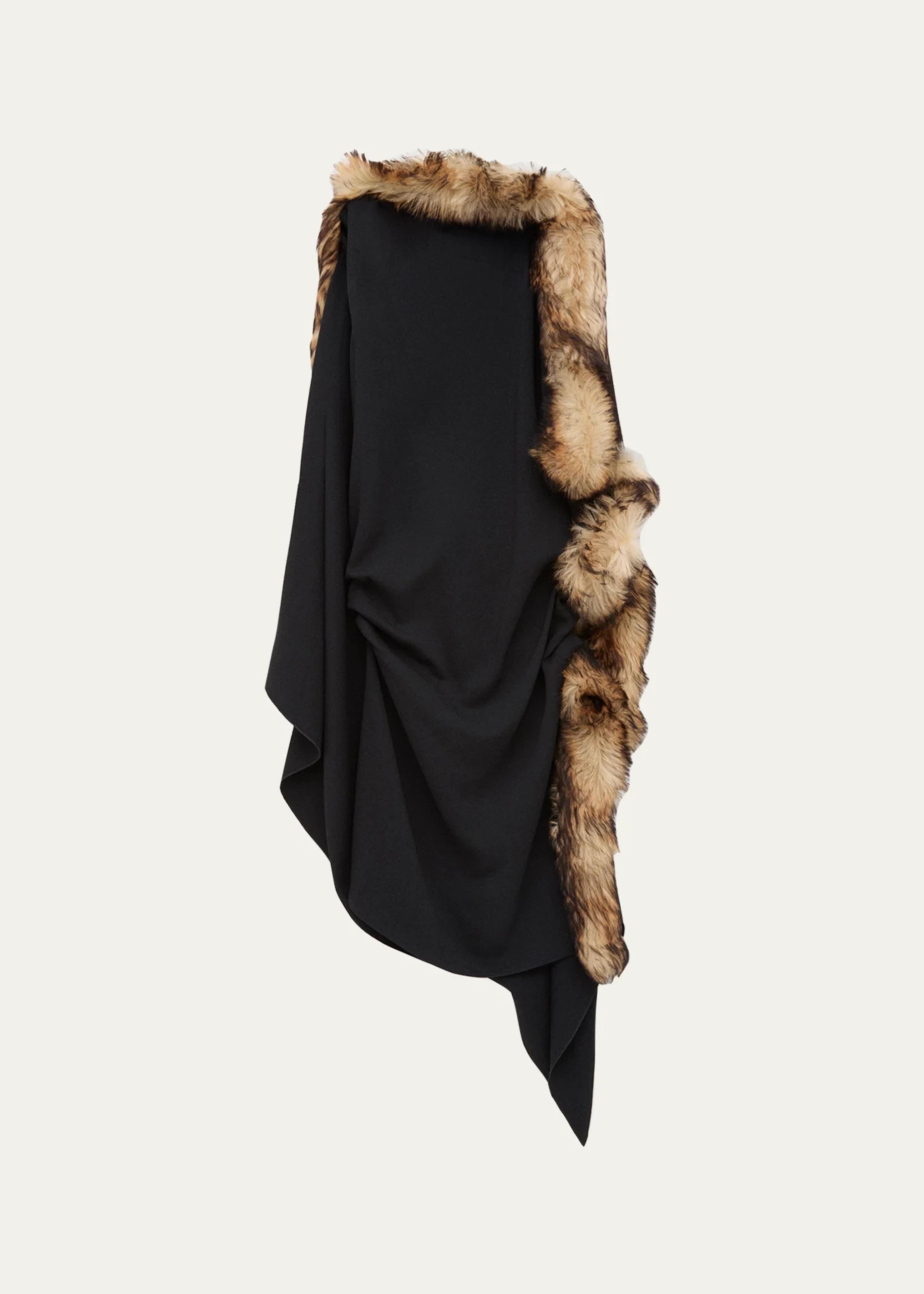 Lamb Shearling-Trim Draped Asymmetric Midi Dress