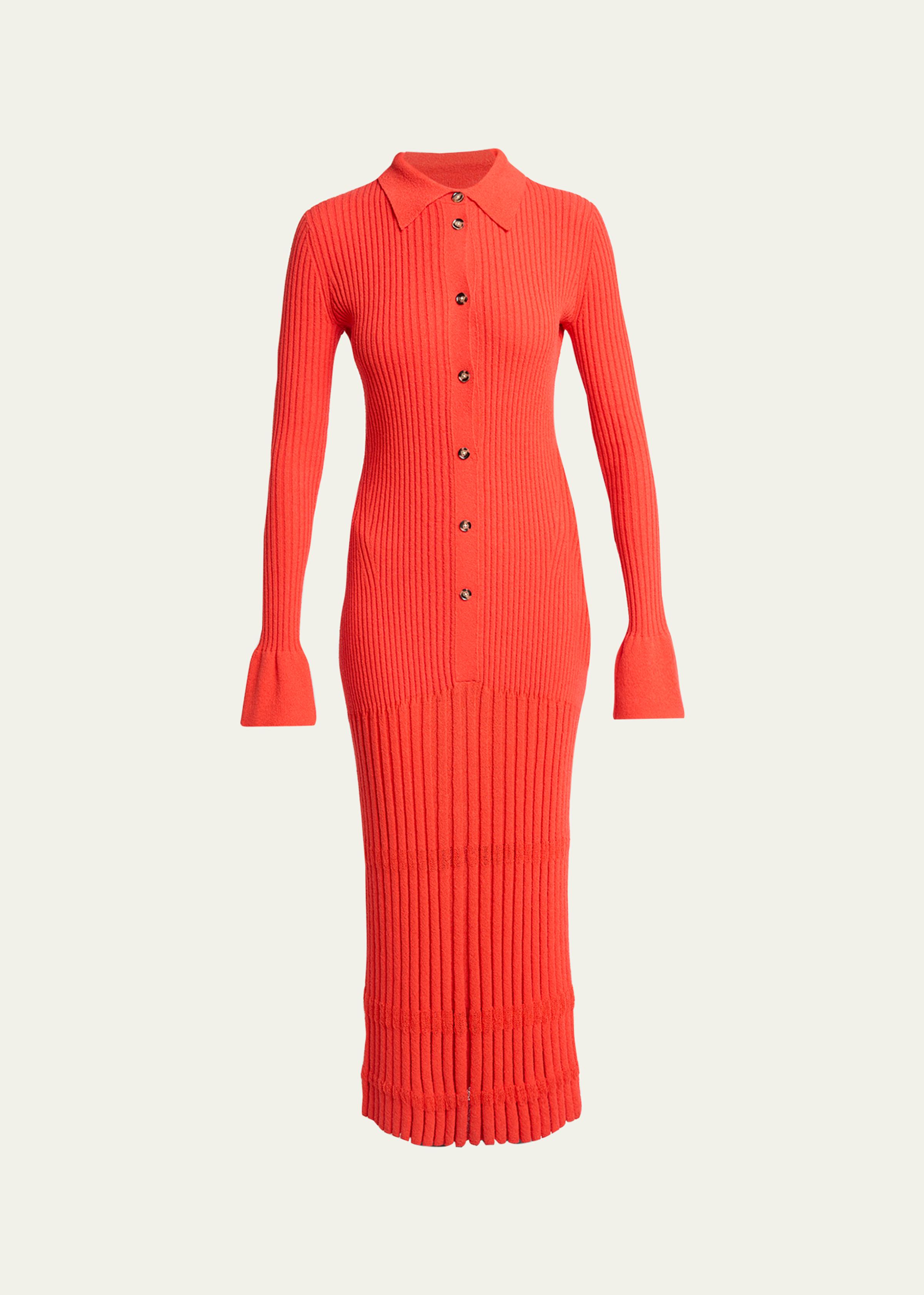Rosario Long-Sleeve Merino Wool Pleated Knit Midi Polo Dress