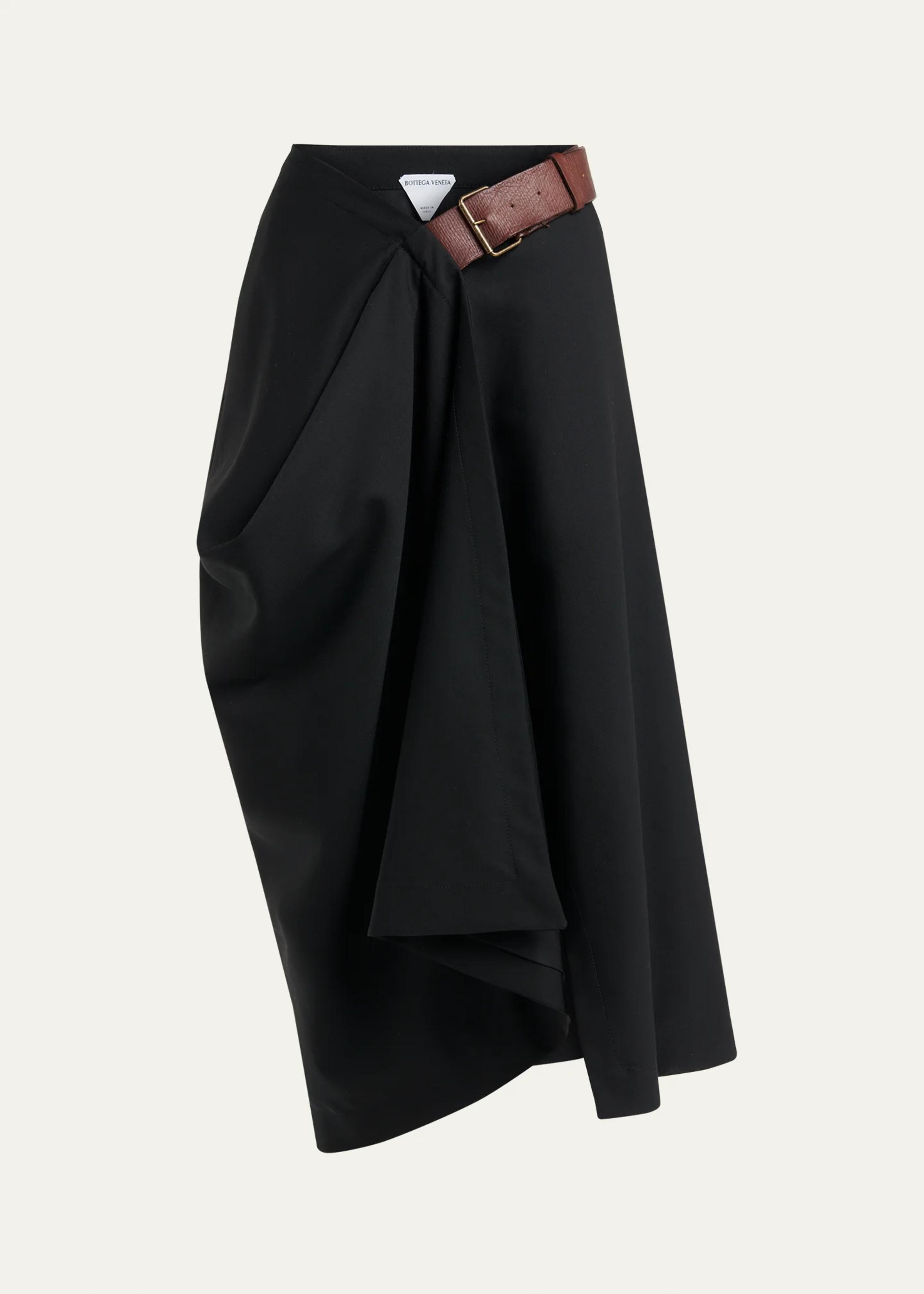 Belted Asymmetric Draped Wool Midi Wrap Skirt