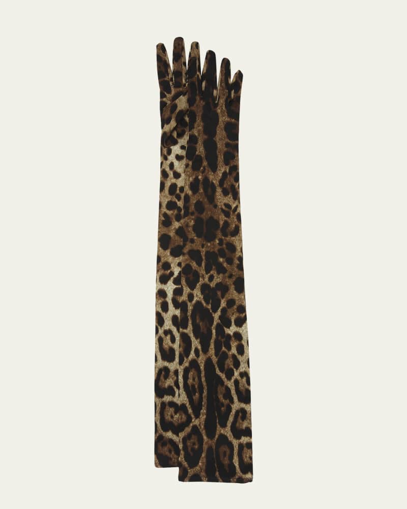 x Kim Long Leopard Print Satin Gloves 